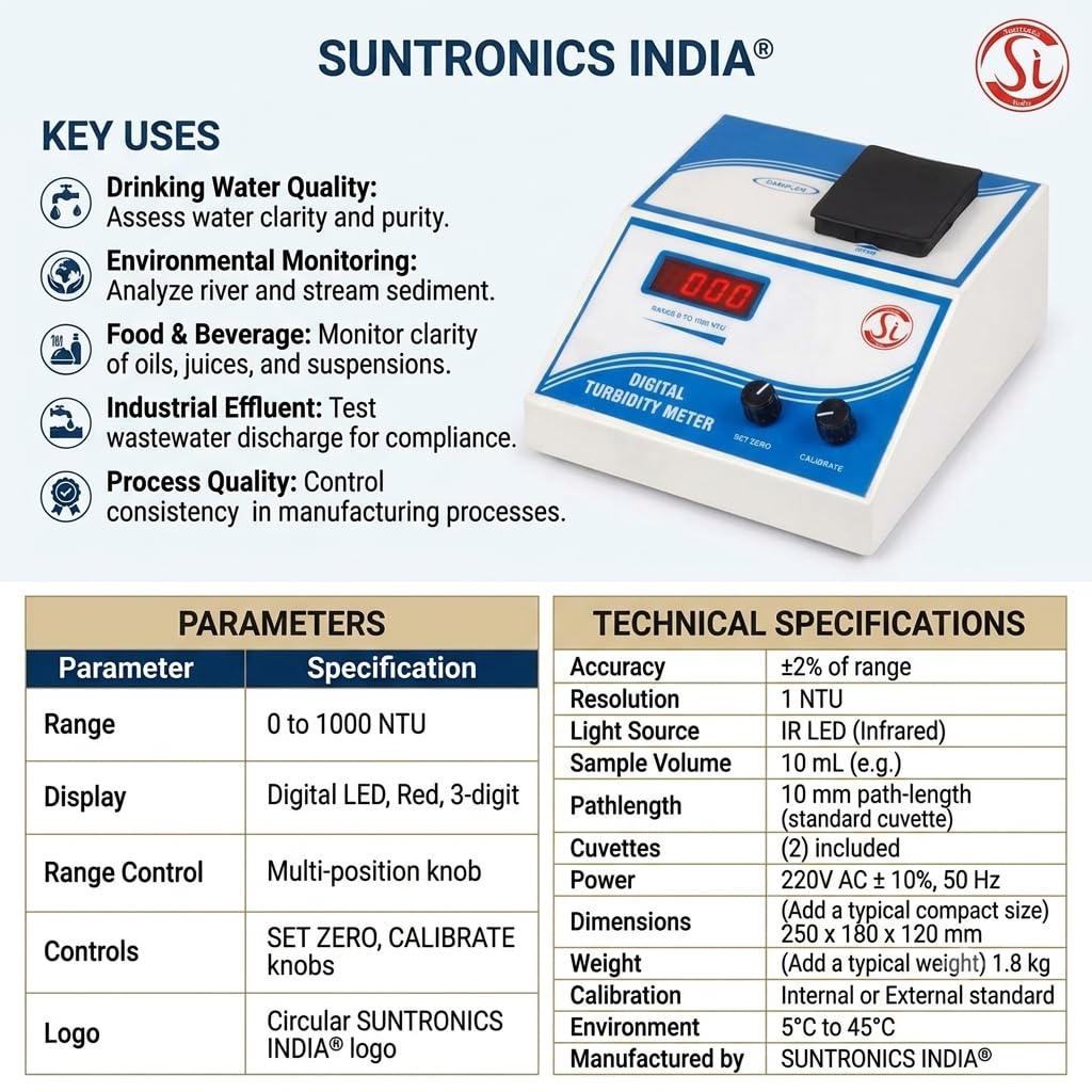 SUNTRONICS INDIA® Digital Turbidity Meter for Water Quality Testing | LED Display | Photodiode Detector | Laboratory Turbidity Analyzer | Industrial Water Testing Equipment 1