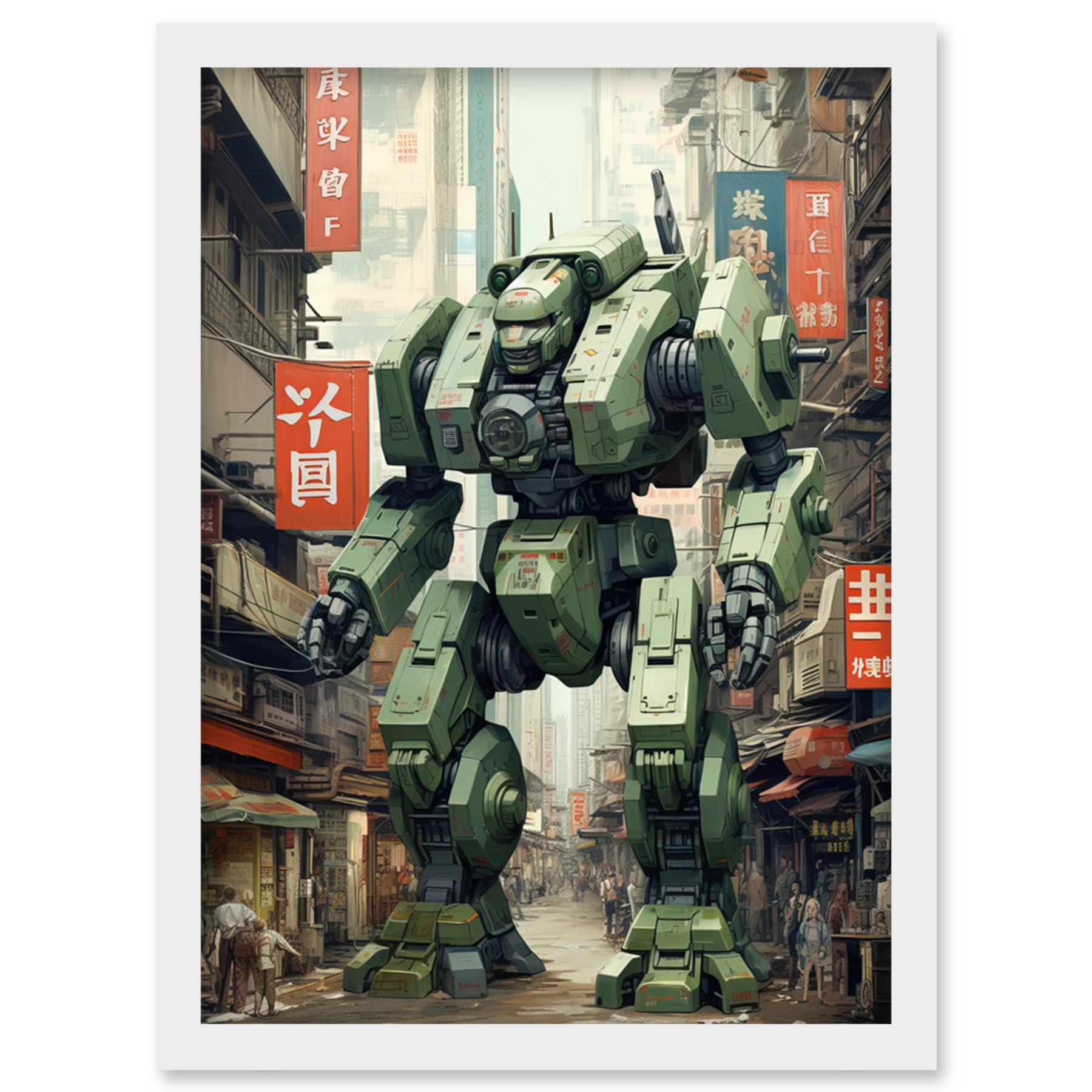 Artery8 Mecha Robot in City Street Anime Sci-Fi Artwork Red Green Giant Humanoid Machine Fantasy Science Fiction Artwork Framed Wall Art Print A4