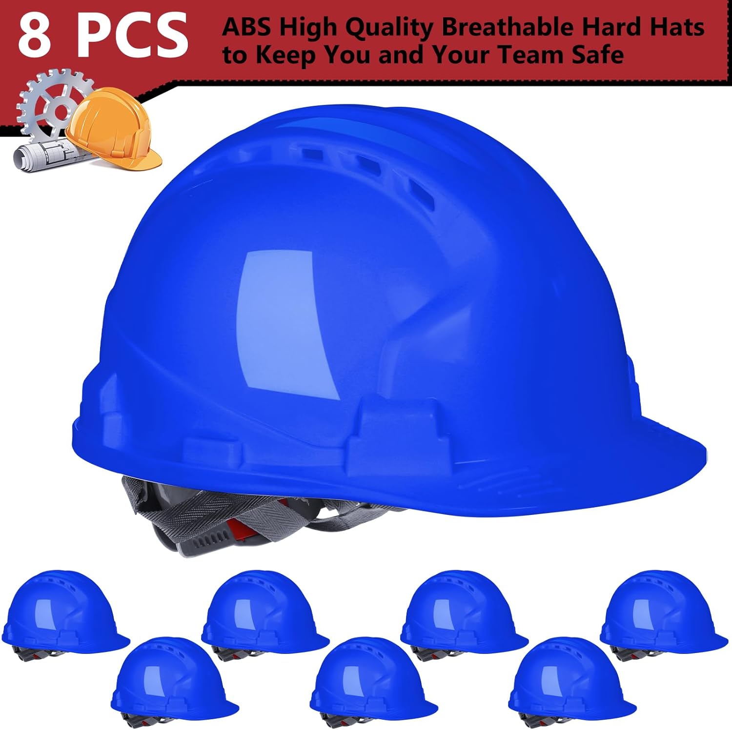 Leumoi 8 Pieces 4 Pt. Suspension Hard Hat Bulk Safety Helmets Adjustable Ratchet Hard Hats with Vents and Cotton Brow Pad ABS Construction Hardhats for Men Work Head Protection Supplies Blue