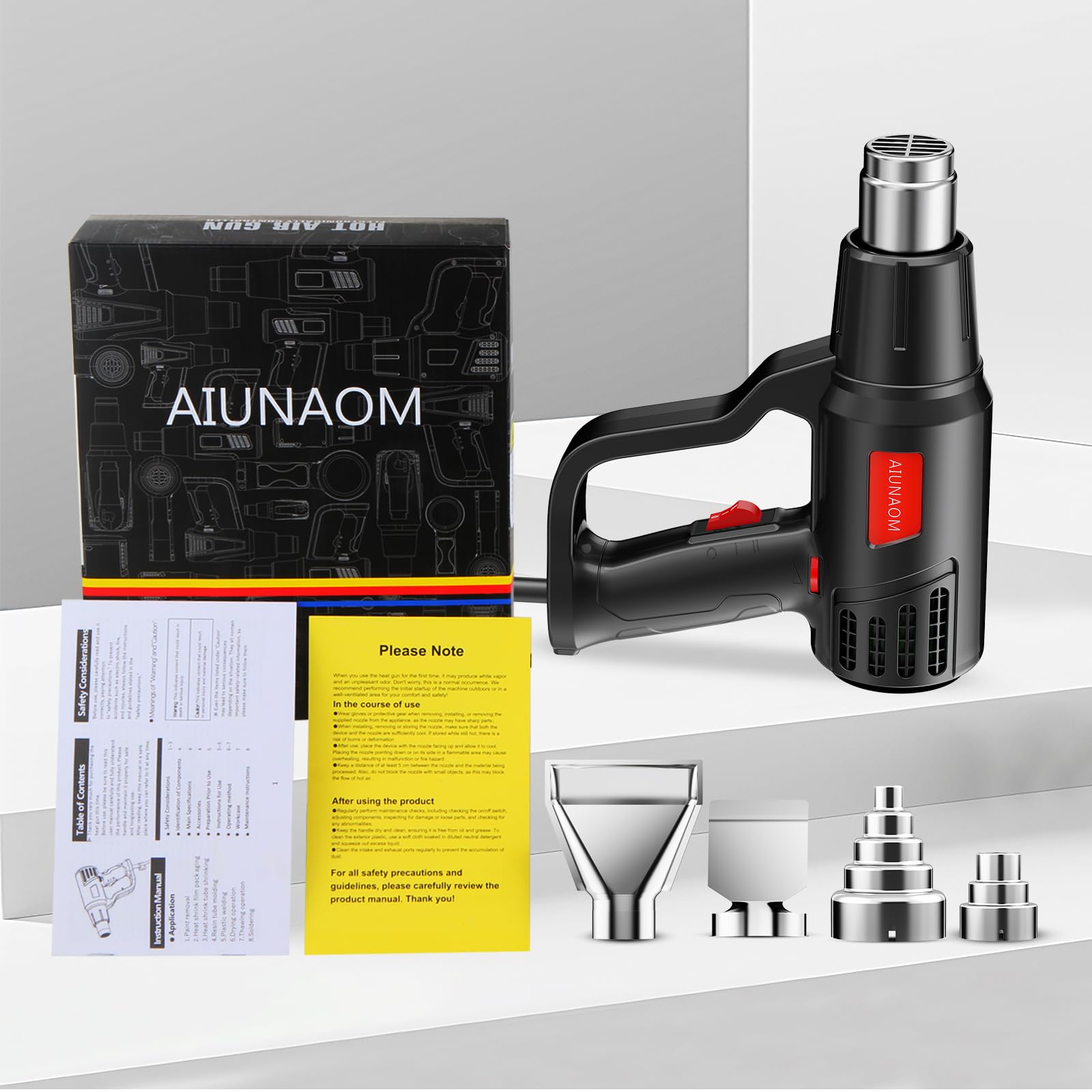 AIUNAOM Pistola ad Aria Calda 2000W Pistola Termica 50℃~650℃ Controllo di Temperatura Senza Livelli + 2 Velocità dell'aria Protezione da Sovraccarico Per Riscaldamento Saldatura e Sbrinamento