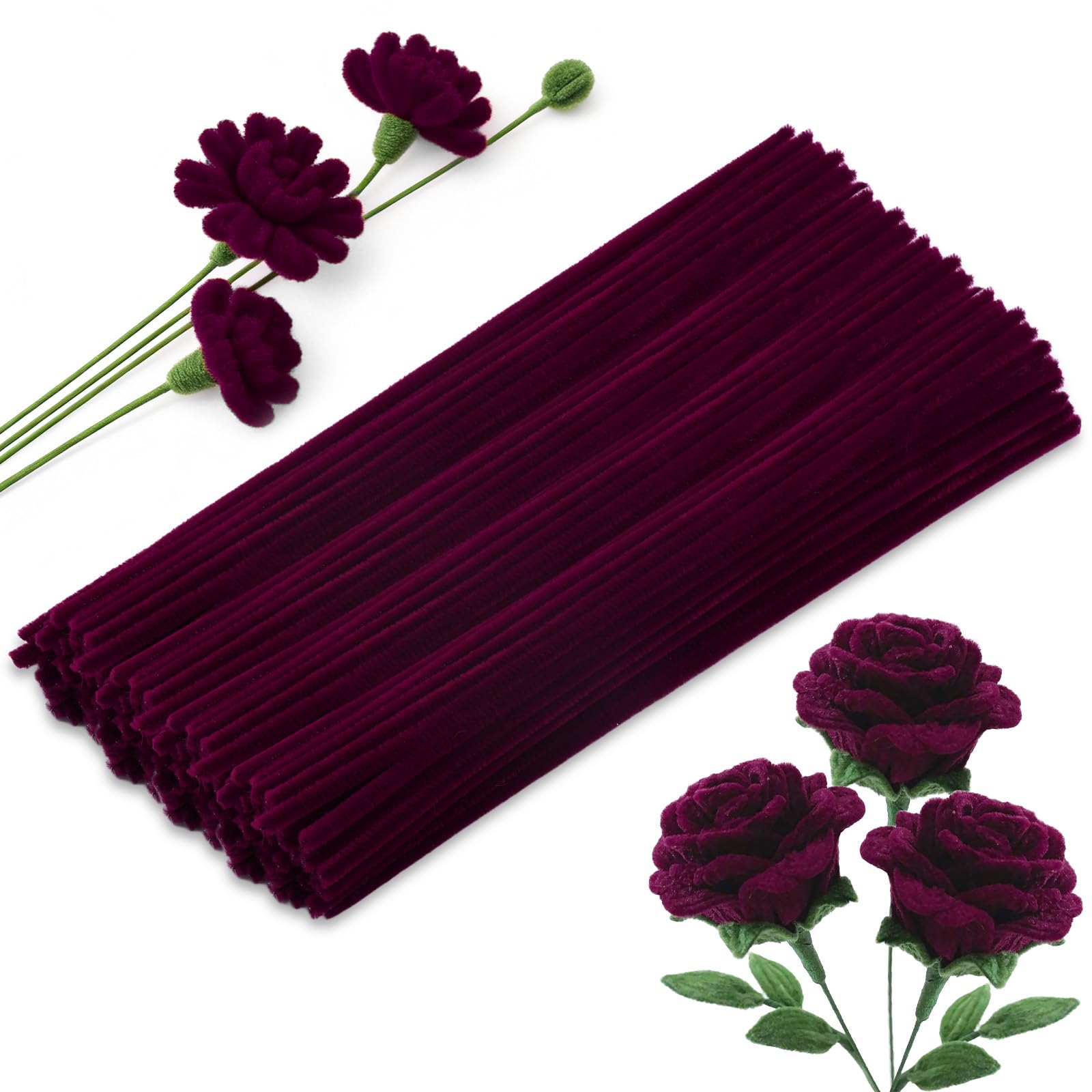 100 PCS Pipe Cleaners Bulk Craft Suppies Wine Red Pipe Cleaners