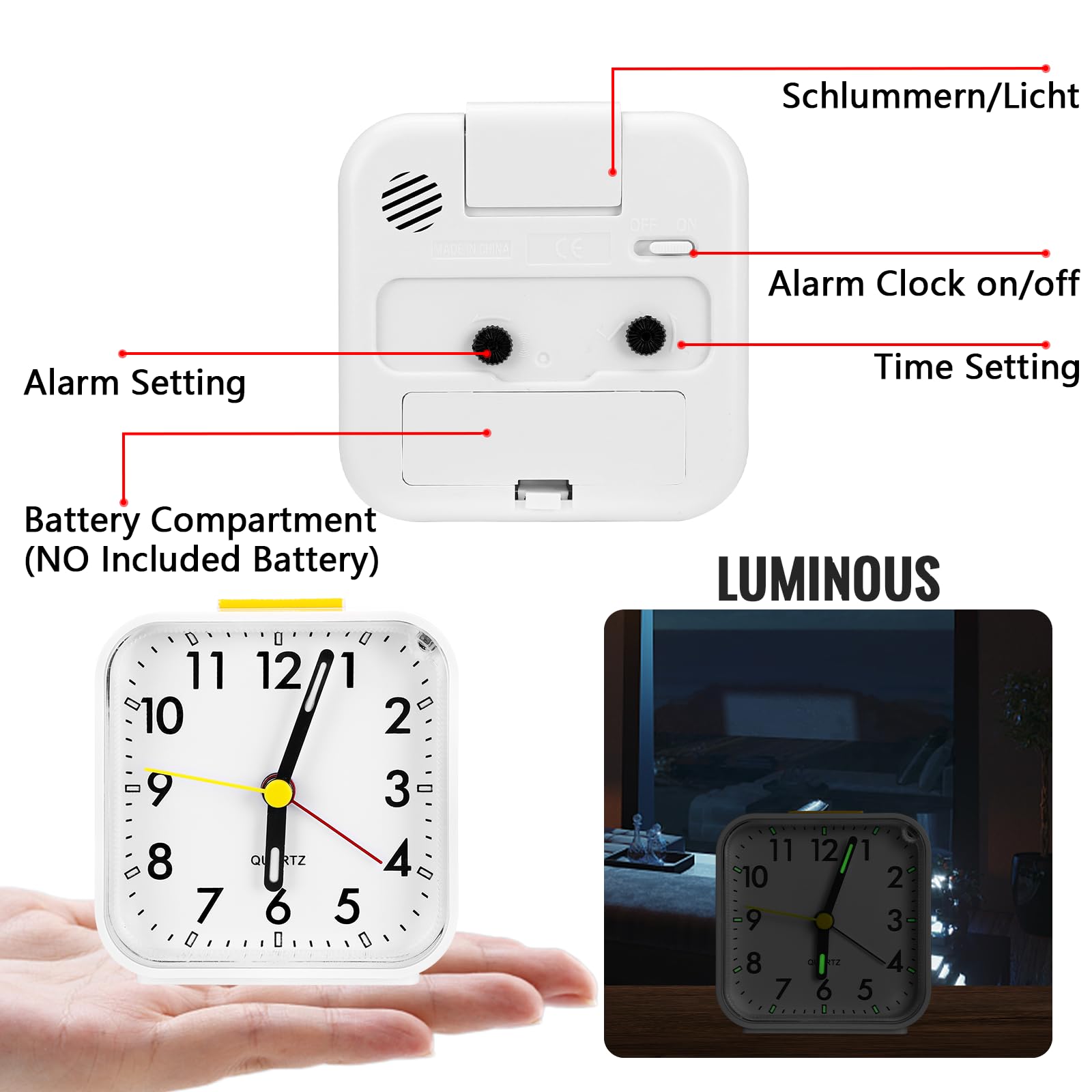 Réveil Analogique Silencieux Sans Tic-Tac - Fonction Snooze Et Veilleuse - Alimentation Pile AA - Pour Chambre/Bureau