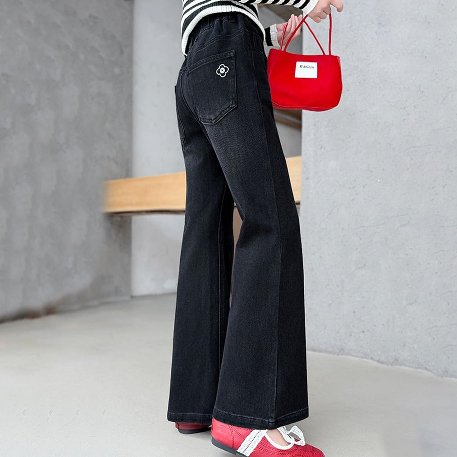 Teen Girls Flare Jeans Straight Leg Elastic High Waist Bell Bottom with Pockets Spring Trendy Casual Slim Denim Pants