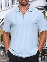 Men's Short Sleeve Polo Shirts Knit T Shirts Fashion Casual Striped Golf Shirts with Zipper