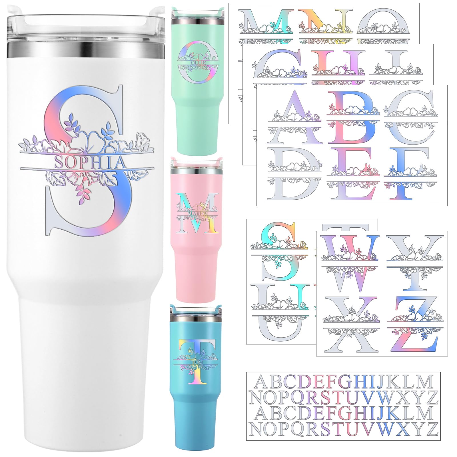 Janlaugh 10 Sheets Waterproof Split Letter Stickers Personalized Name Stickers for 30 40 oz Tumbler Water Bottle Floral Monogram UV DTF Cup Wraps