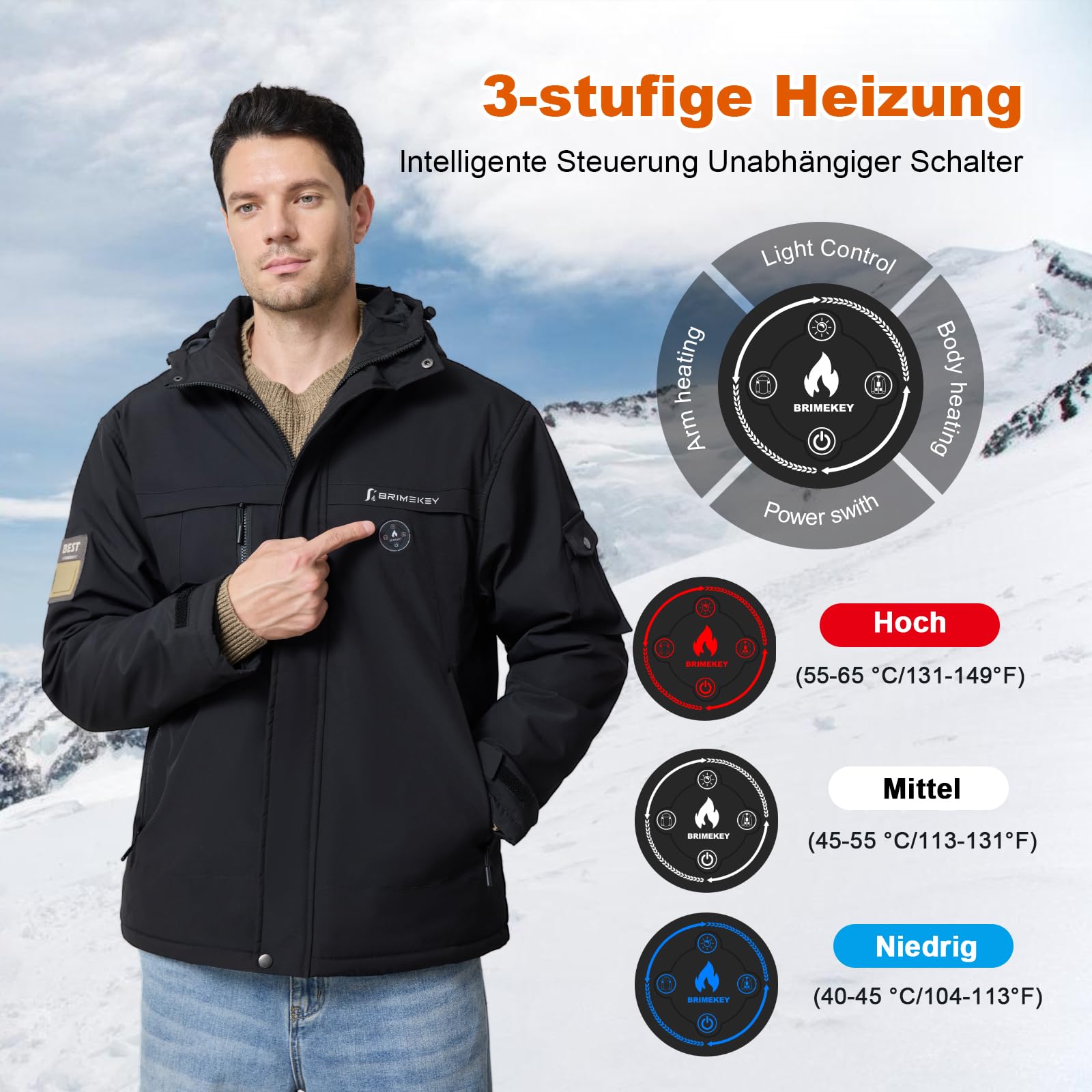 Beheizte Jacke Herren mit Fleecefutter, 20000mAh 7.4V Akku, 6 Heizzonen, 3 Temperaturstufen, Wasserdichte Winddichte Winterjacke
