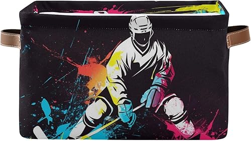 Cesta de almacenamiento colorida para jugador de hockey de lona duradera, plegable, caja organizadora de juguetes con asas para estantes, armario,