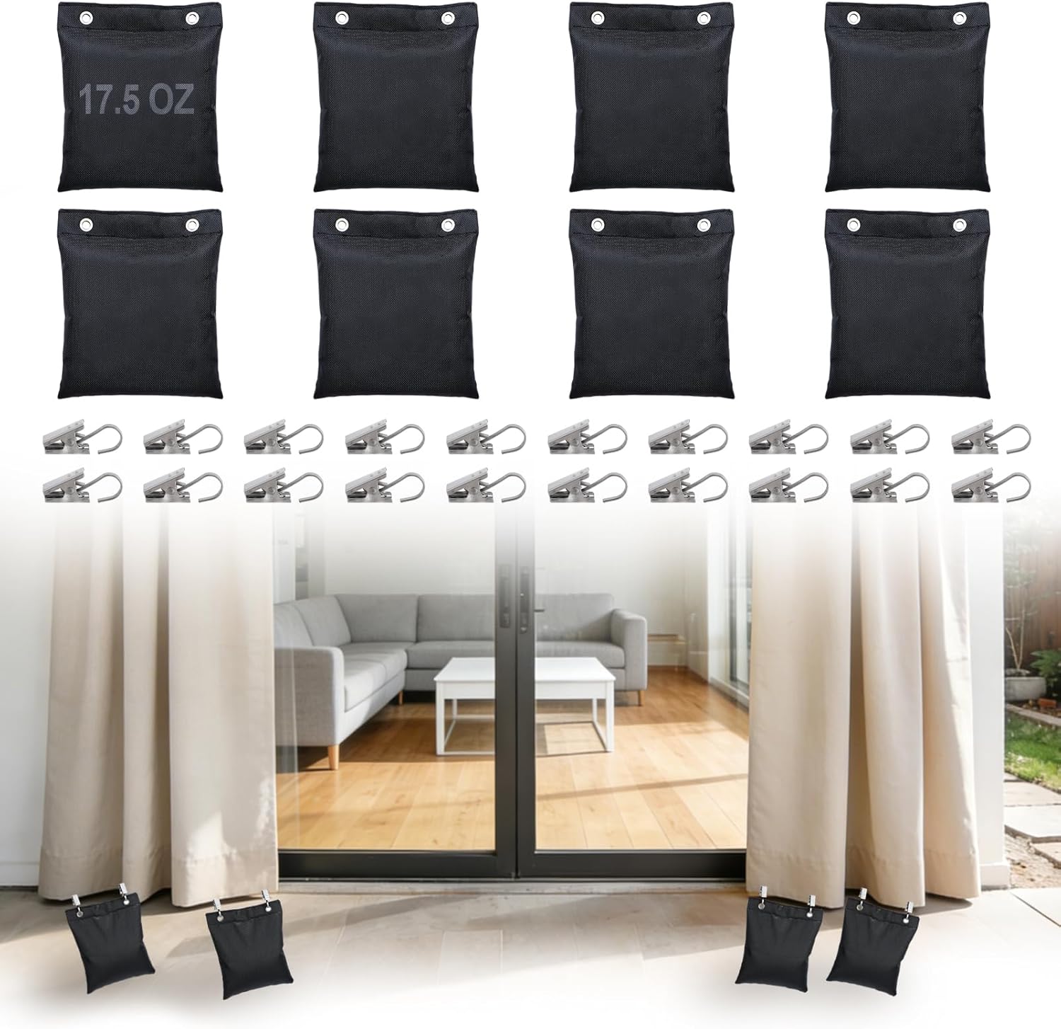 Apipi Pre-Filled 17.6 oz Outdoor Curtain Weights- 8 Pack Wind Resistant Oxford Weight Bags with Glass Beads Filling & Stainless Steel Clips, Heavy Duty Drapery Weights for Patio/Gazebo (5" × 6")