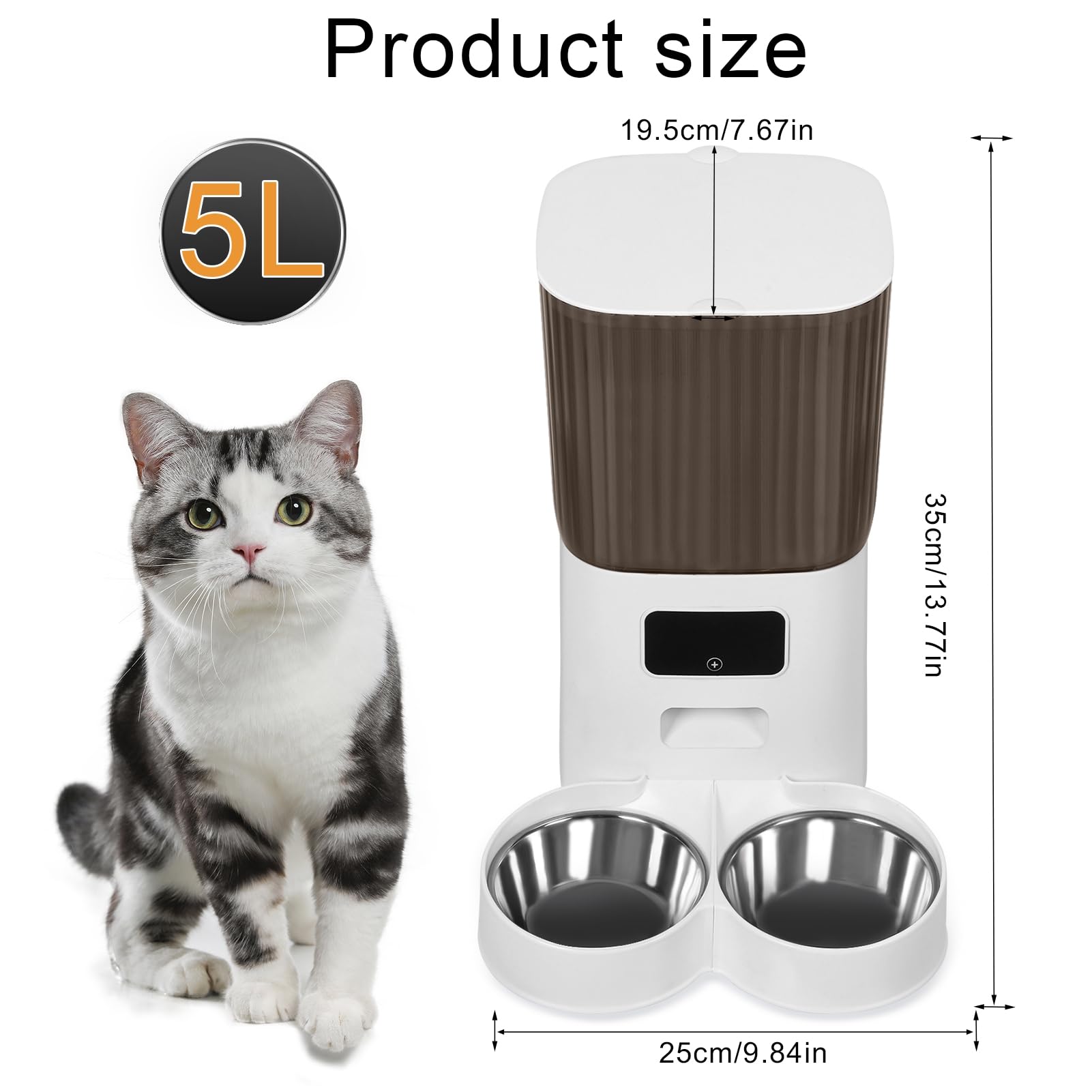 Mangiatoia automatica per gatti, mangiatoia intelligente per animali domestici abilitata al WiFi, dispenser di cibo per cani e gatti, doppia ciotola, archiviazione trasparente da 5 l, alimentazione a
