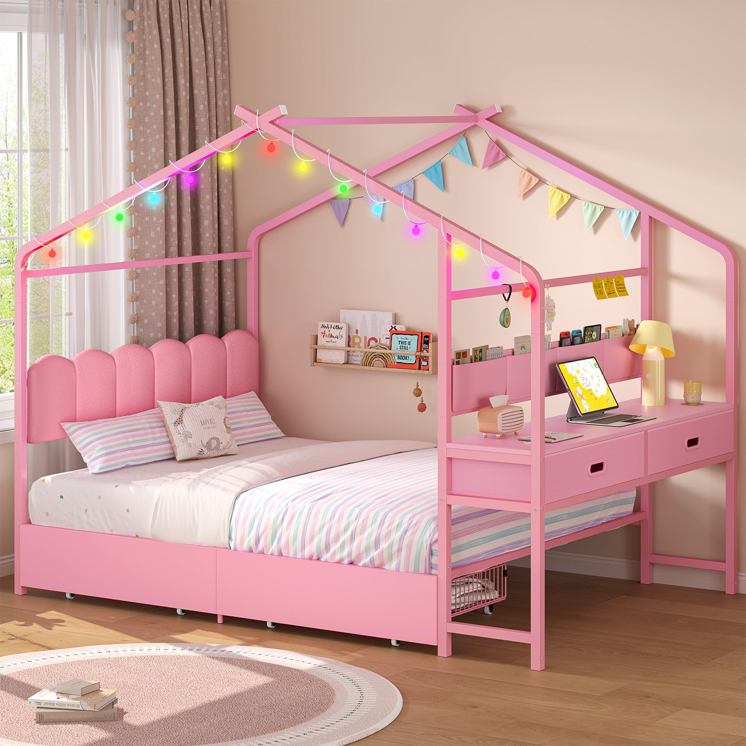 ADORNEVE Full Kids Bed with Drawers,House Bed with Desk,Pink