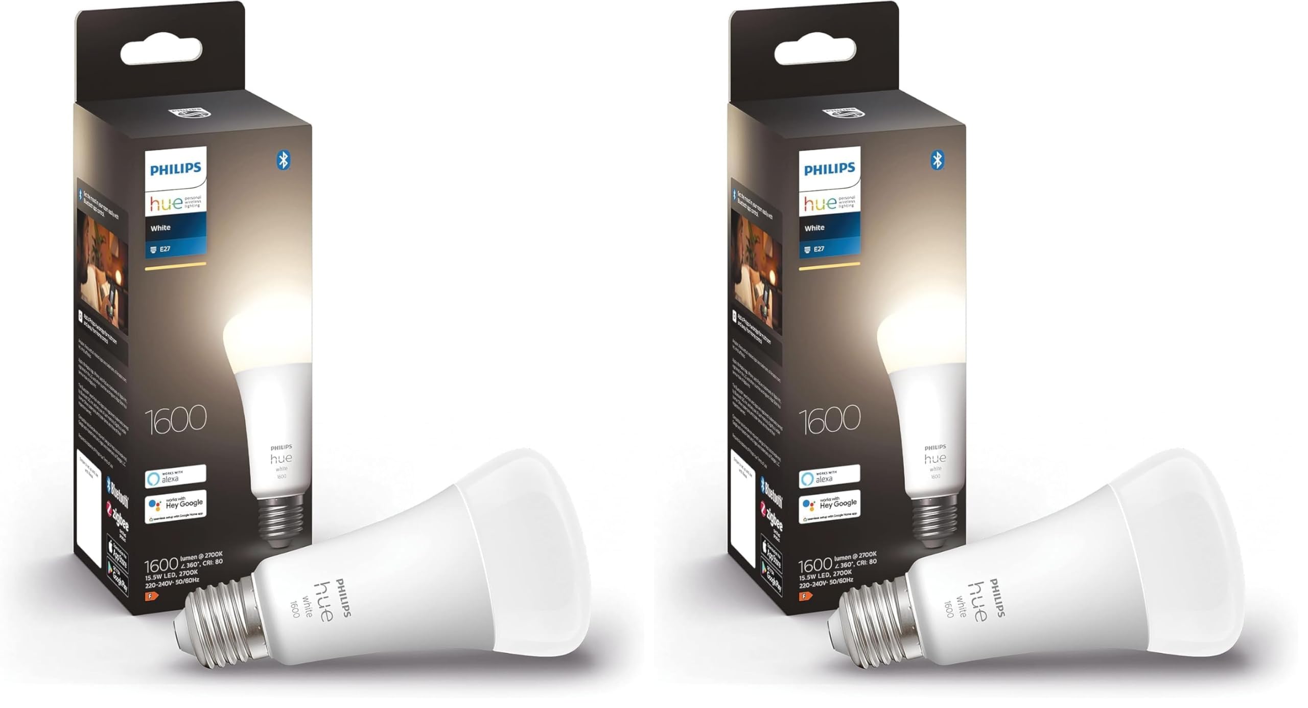 Philips Hue White E27 LED Lampe, weiß, 1600lm, dimmbares warmweißes Licht, steuerbar via App, kompatibel mit Amazon Alexa (Echo, Echo Dot), 2er Pack