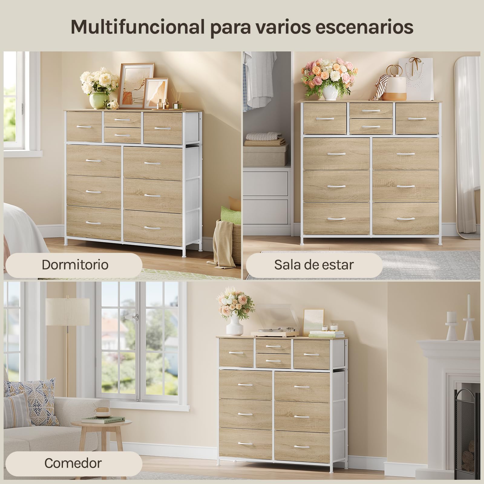 WOLTU Cajonera de Tela, Cómoda Dormitorio de Tela, Unidad de Almacenaje con 10 Cajones, para Recibidor y Salon, Estructura de Metal Resistente, Roble Claro+Blanco, SSK009whe
