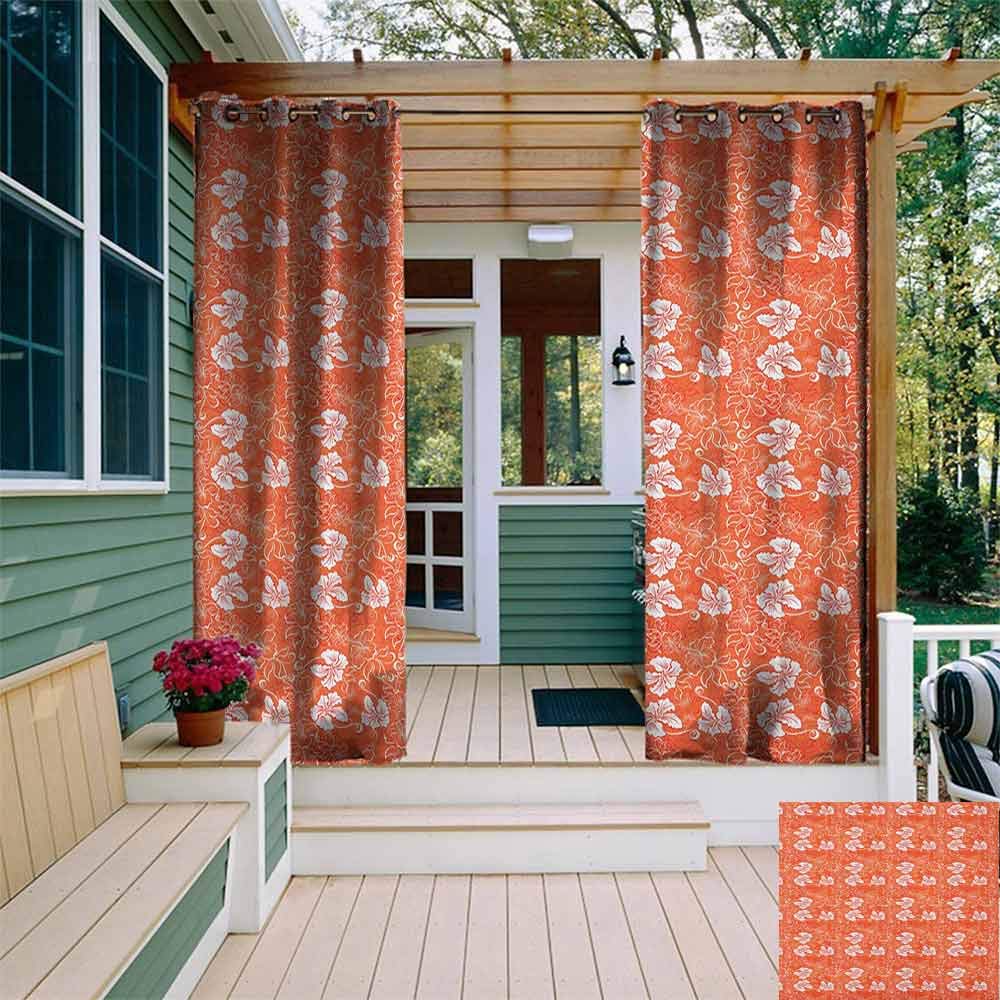 Outdoor Window Curtains Burnt Orange Hawaiian Hibiscus Pattern with Swirls and Curves on Background Pergola W72"x L84" Burnt Orange and White