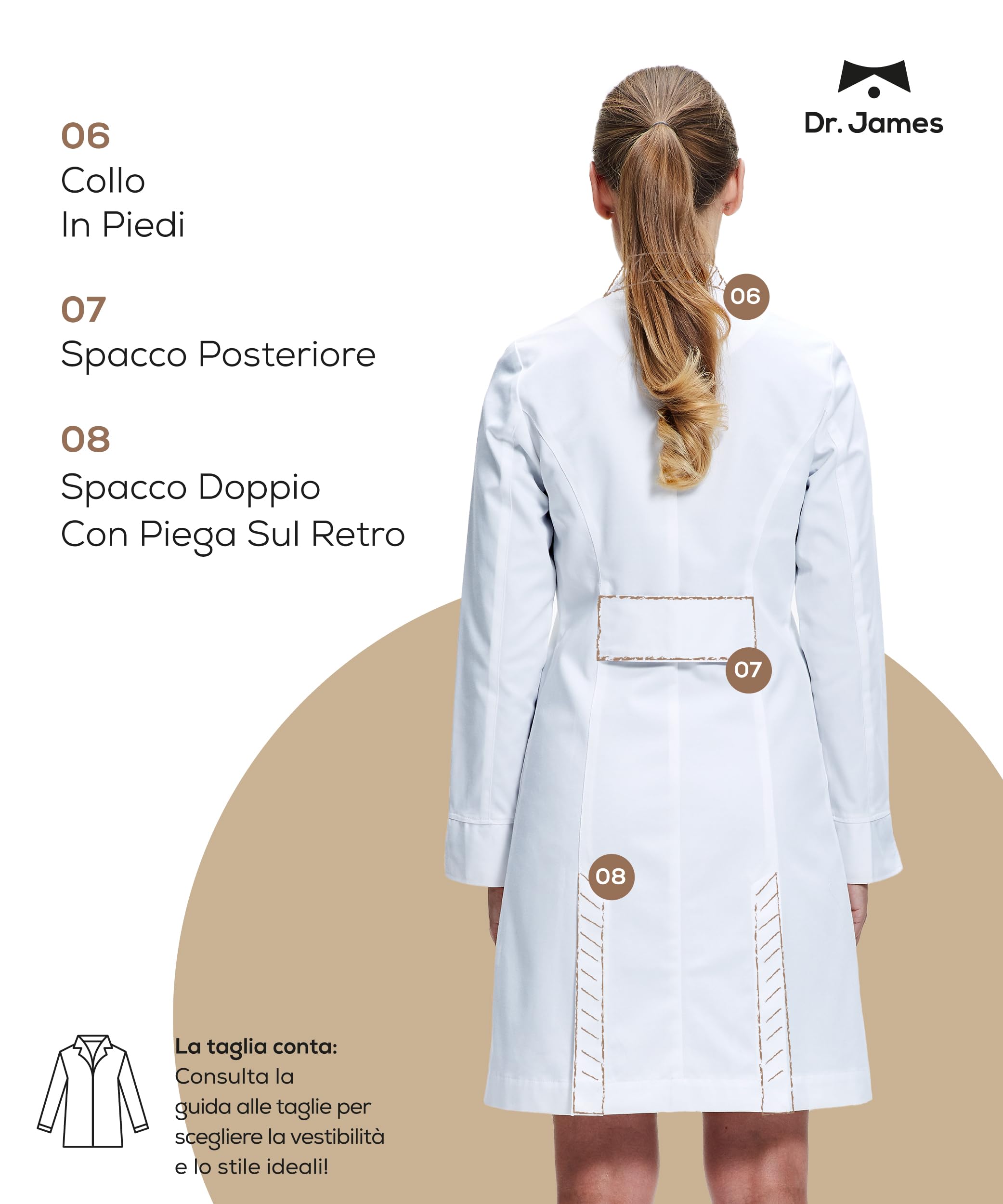 Dr. James Camice da Laboratorio Premium Sartoriale Donna, Vestibilità Slim Fit, Chiusura Classica a Bottoni, Polsini Risvoltabili, Lunghezza 89 cm, Tessuto Certificato OEKO-TEX
