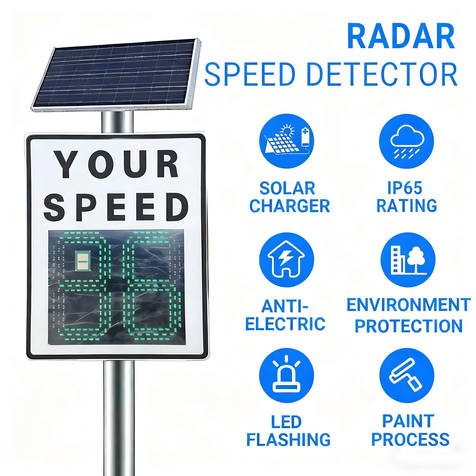 Cartel de Velocidad con Radar Solar – Panel de Visualización Inalámbrico de 60x90 cm con Retroalimentación Instantánea, Control Remoto, Detección de 200 m y Protección IP65
