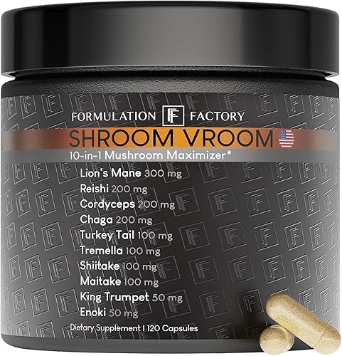 Formulation Factory Shroom Vroom Suplemento de hongos 10 en 1, melena de león, reishi, cordyceps, chaga, cola de pavo, tremella, shiitake, maitake,