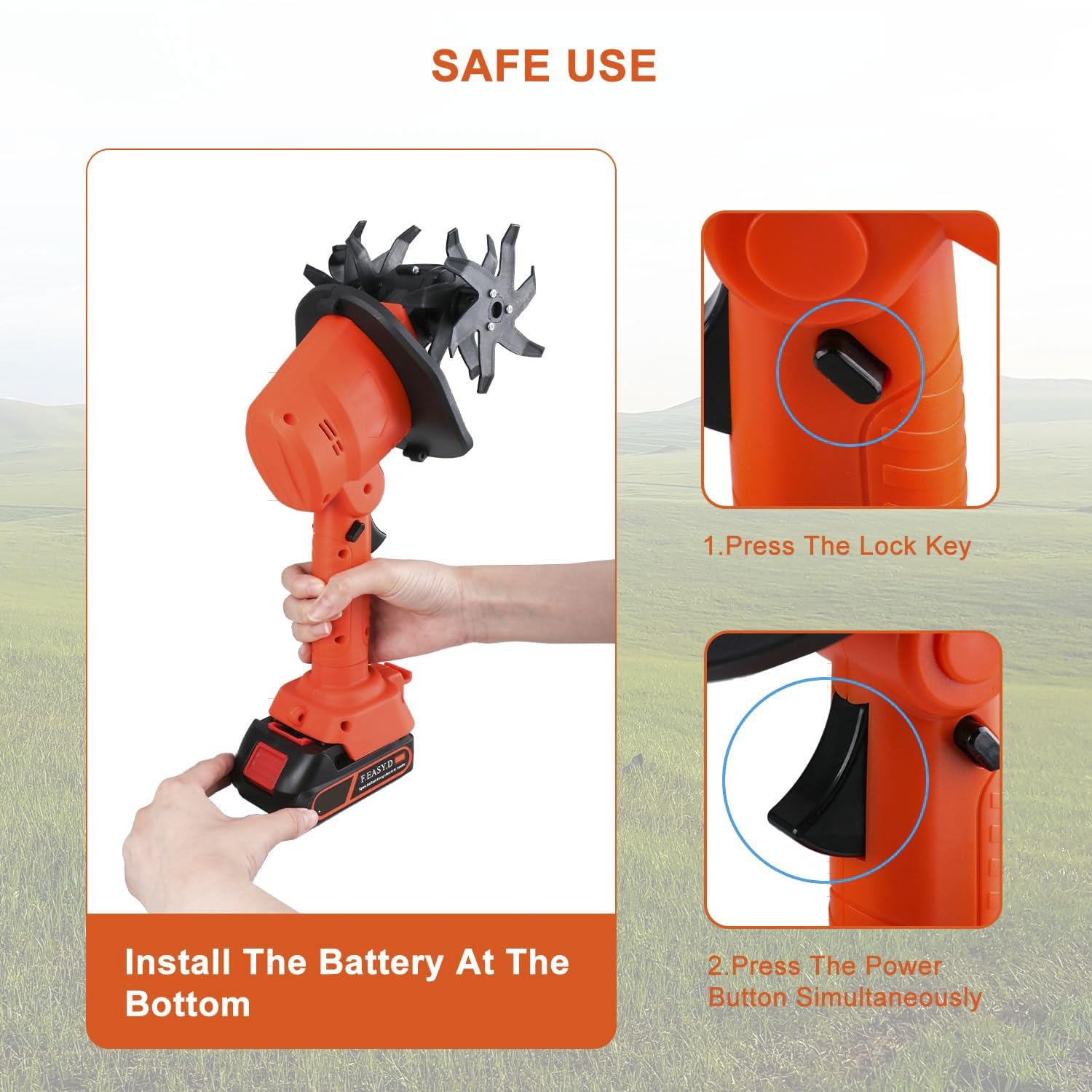 Motocoltivatore a batteria, larghezza e profondità di fresatura 4", asta di prolunga da 1,3 m, motocoltivatore elettrico portatile da 235 giri/min, 2 batterie da 1,5 Ah e caricabatterie.
