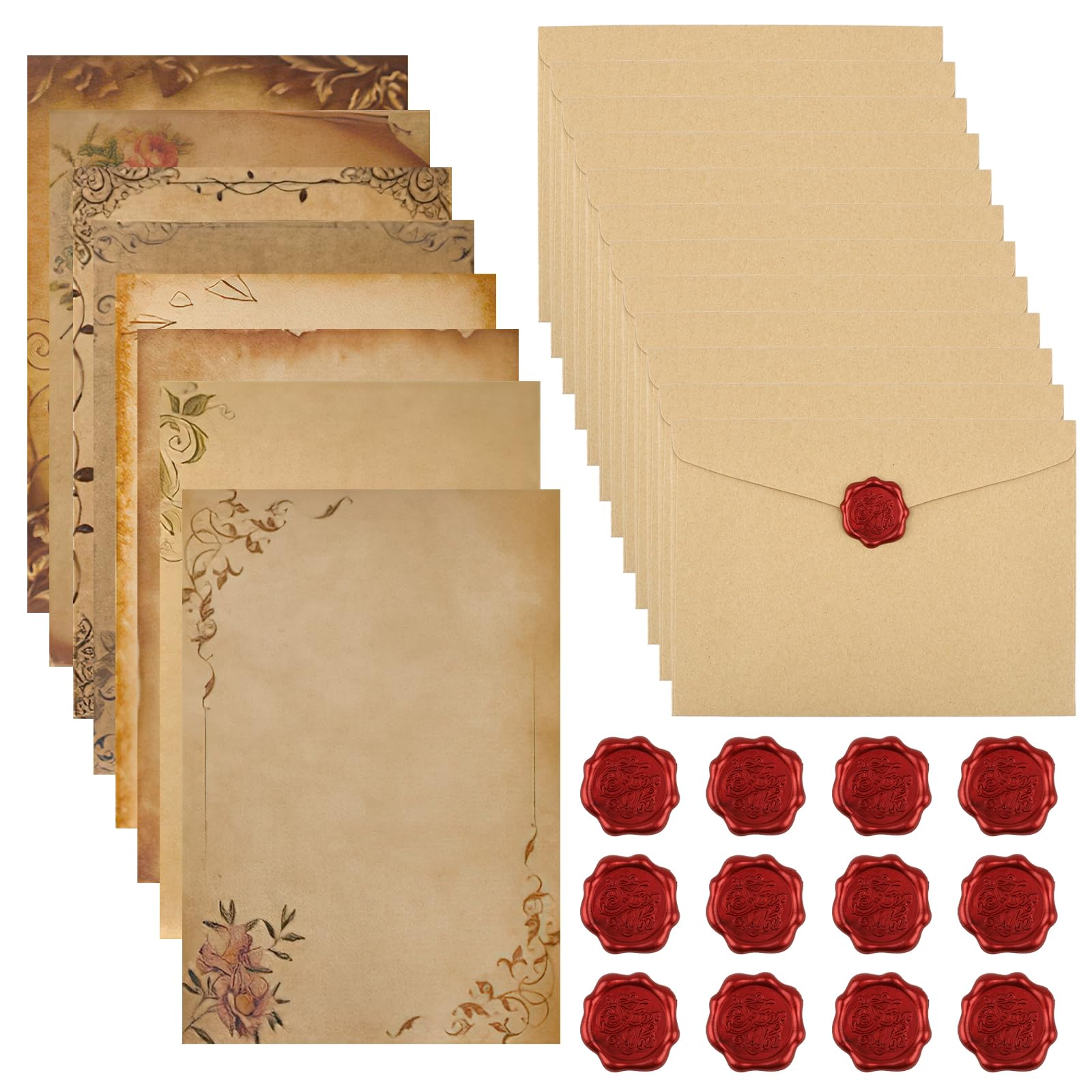 48 Pcs Letter Writing Paper and Envelopes Set, Vintage Letter Writing Set, 16 Sheets Retro Floral Letter Paper with 16 Envelopes & 16 Wax Seal Stickers for Love Letters, Birthdays, Christmas