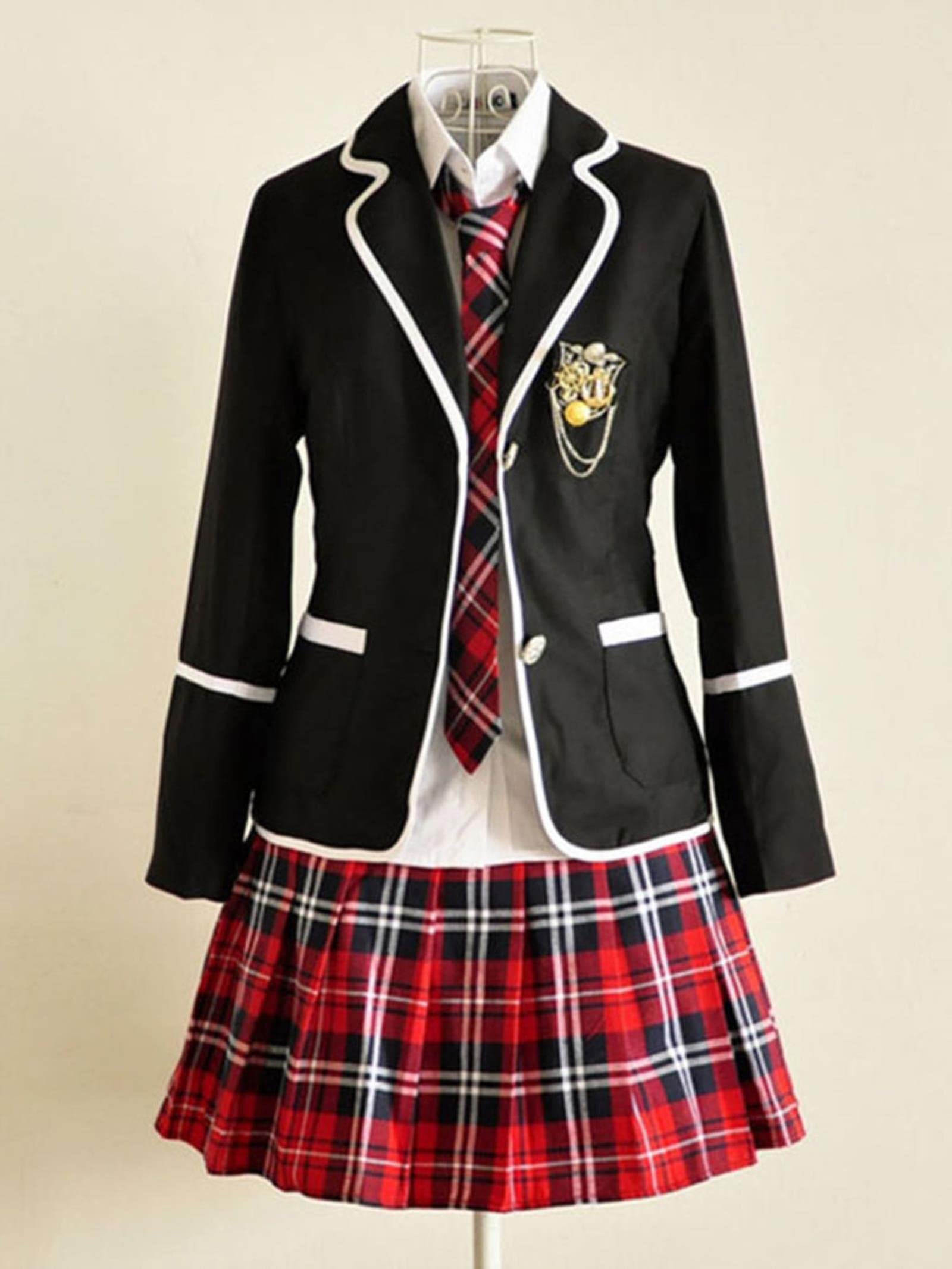 Student School Kleidung Mädchen 2-teiliger Rock Anzug Streetwear College Harajuku A Line Rock + kurze Jacke Hohe Taille Faltenrock - schwarz blau, M