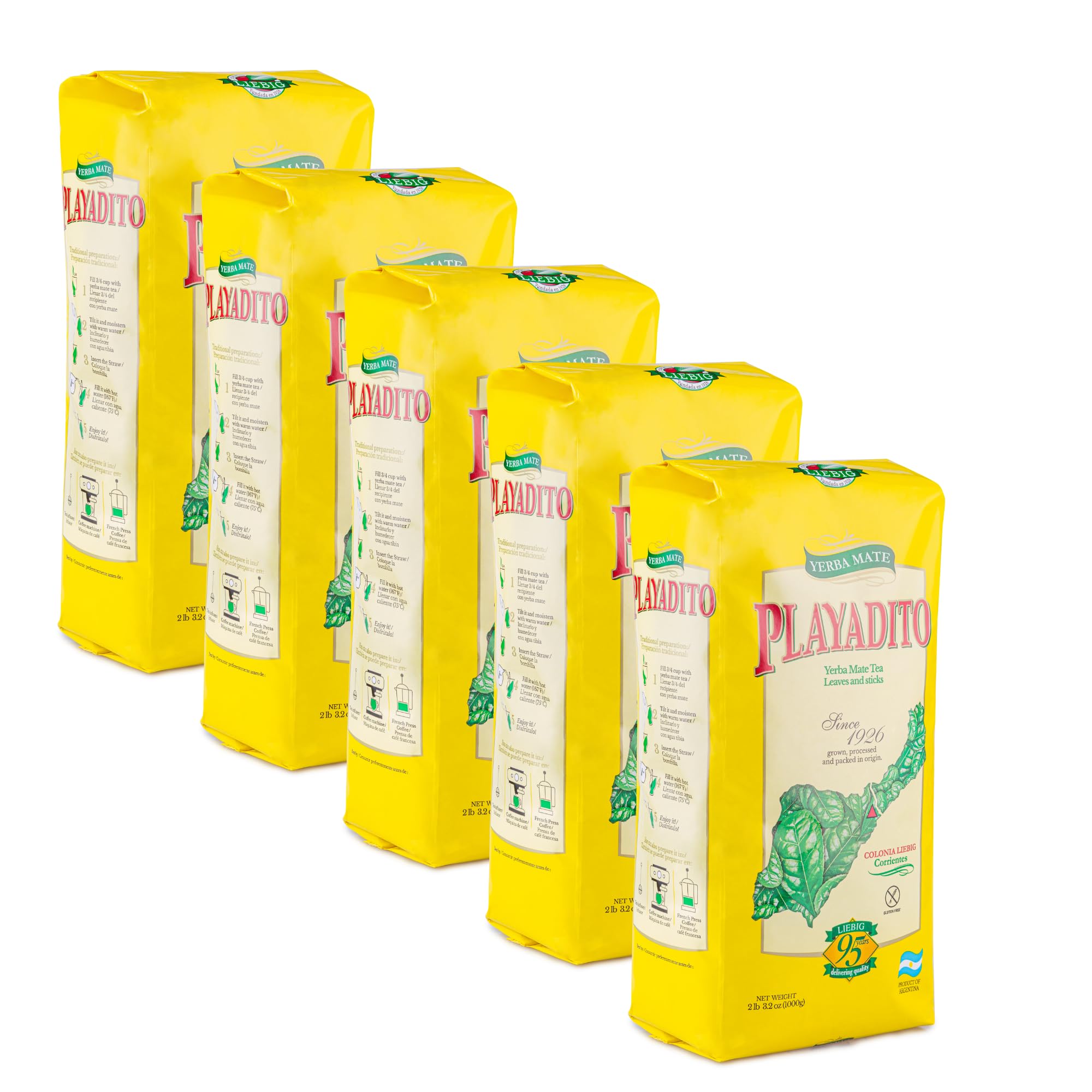 Playadito Yerba Mate Traditional Con Palo from Colonia Liebig Wholesale Bulk Pack - New Packaging, 5x 1 kg / 2.2 lb ea