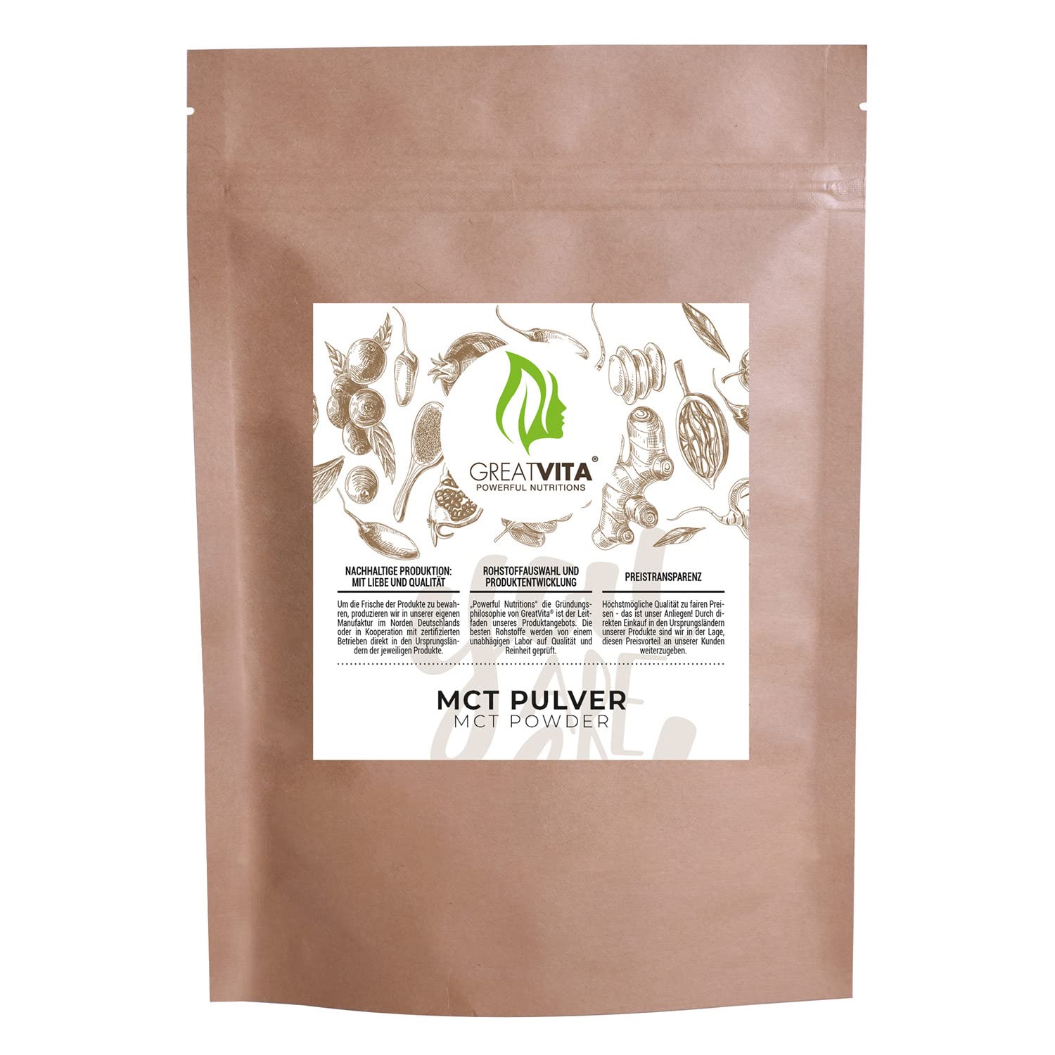 Poudre MCT - 800 g - Qualité supérieure - Parfait pour un régime céto - À base de noix de coco - Neutre au goût - GreatVita