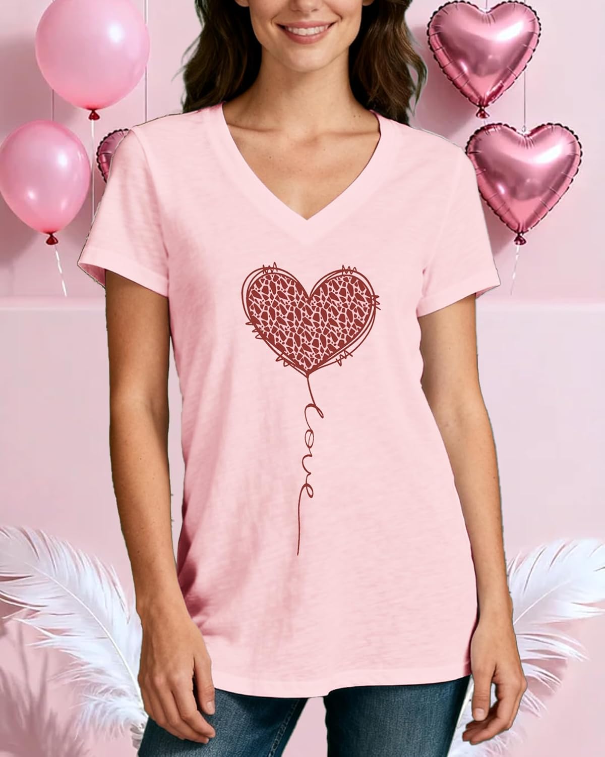 Valentine Day V-Neck T-Shirt for Women Cute Leopard & Multi-Heart Tees Casual Soft Love Theme Tops - Image 4