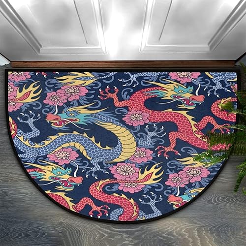 Colorido dragón chino étnico medio redondo tapete medio círculo alfombra decoración del hogar, alfombra de entrada de bienvenida para interiores y