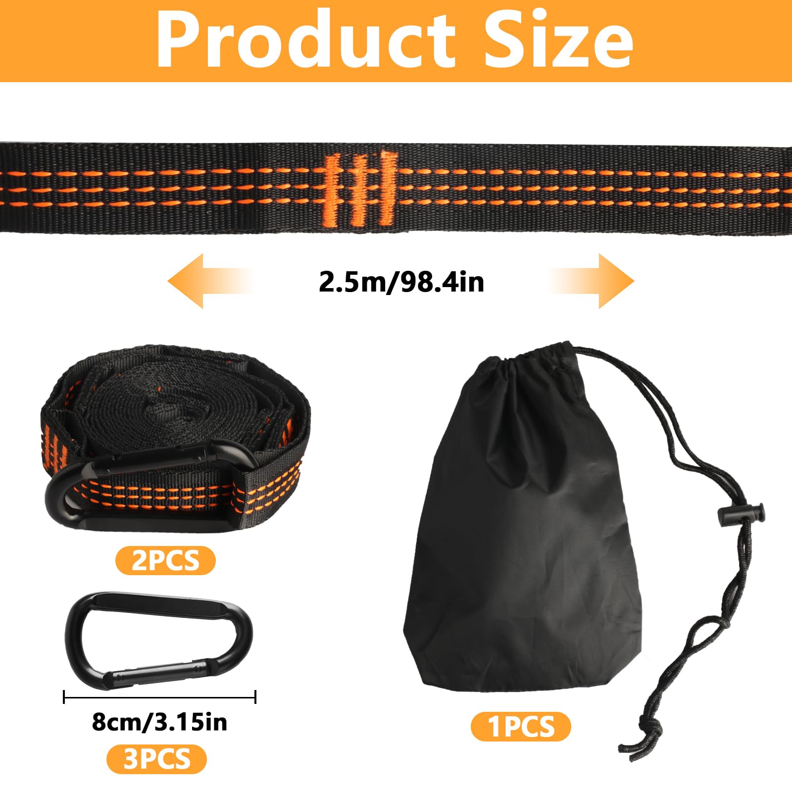 2 Piezas de árbol para Hamaca, Correas de suspensión para Columpio de 2,5 m, Kit de Correas de suspensión para Hamaca de Exterior para Silla Colgante de Camping + 3 mosquetones, máx. 200 kg