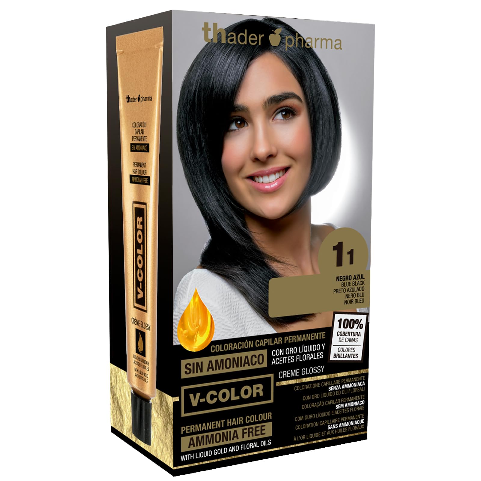 Thader Th Pharma V-Color Kit de Tinte permanente Sin Amoniaco con Oro Líquido 100% Cobertura de canas, 120 ml (No. 1.1 Negro azul)
