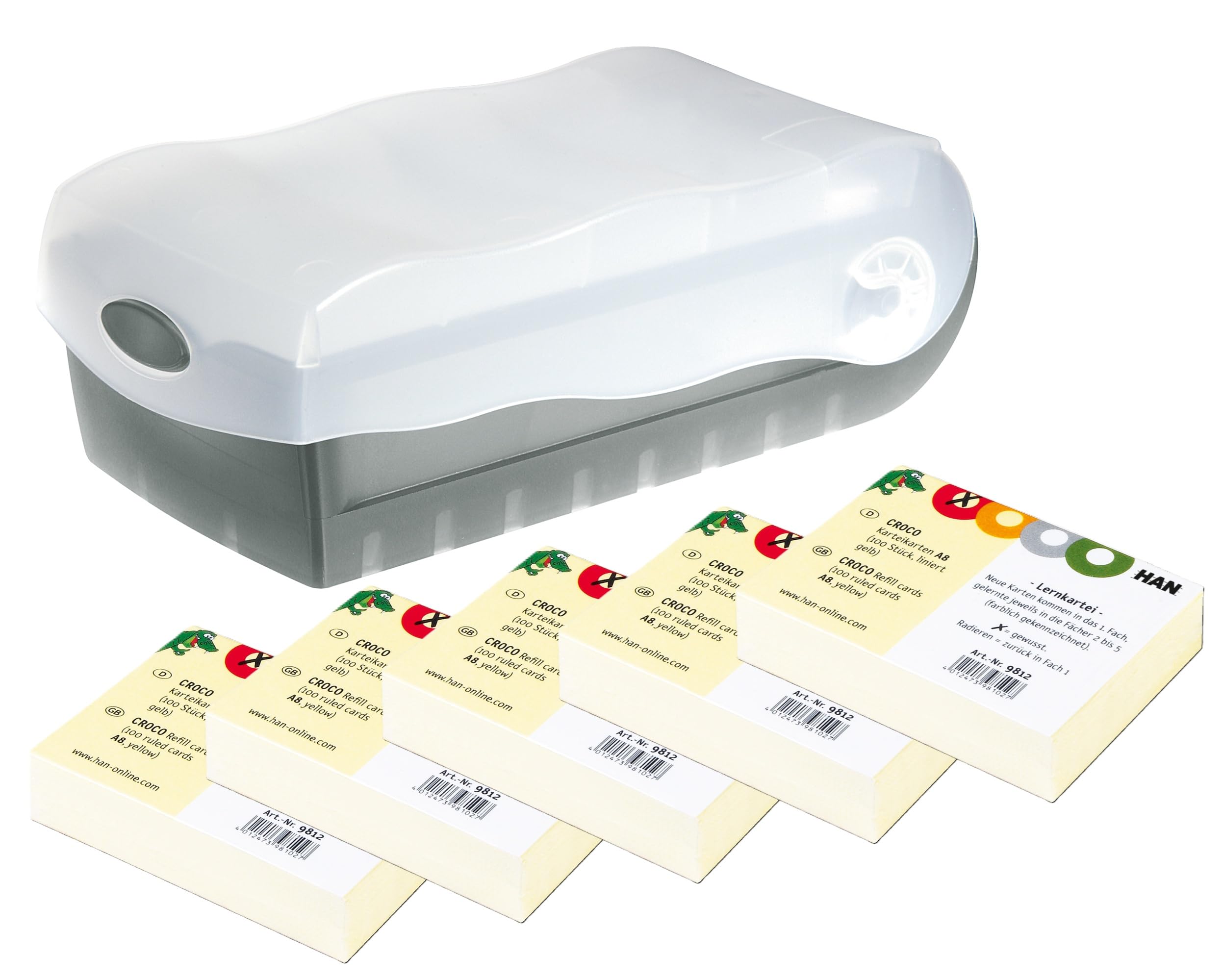 HAN Lernkarteibox CROCO, einfach Vokabeln lernen mit 5-Fächer-Lernsystem, DIN A8 Karteikasten für 500 Karten, inkl. 5 Stützplatten + 500 Lernkarten, Karteibox, Lernbox (Transluzent/Grau, A8)