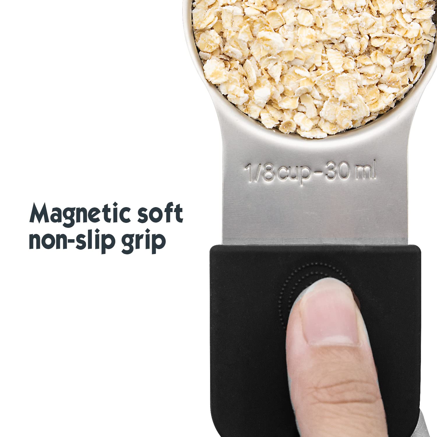 Magnetisches Messbecher-Set, 7-teilig, 18/8 Edelstahl, stapelbar, stapelbar, robust, Metall-Messbecher, Silikongriff, Küchenwerkzeuge für trockene und flüssige Zutaten, spülmaschinenfest (schwarz)