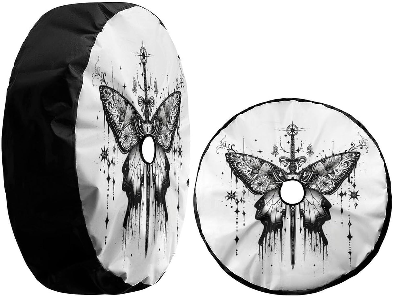 Butterfly Black White Spare Tire Cover with Backup Camera Hole Wheel Tire Cover Fit Trailer, RV, SUV and Many Vehicle 17inch