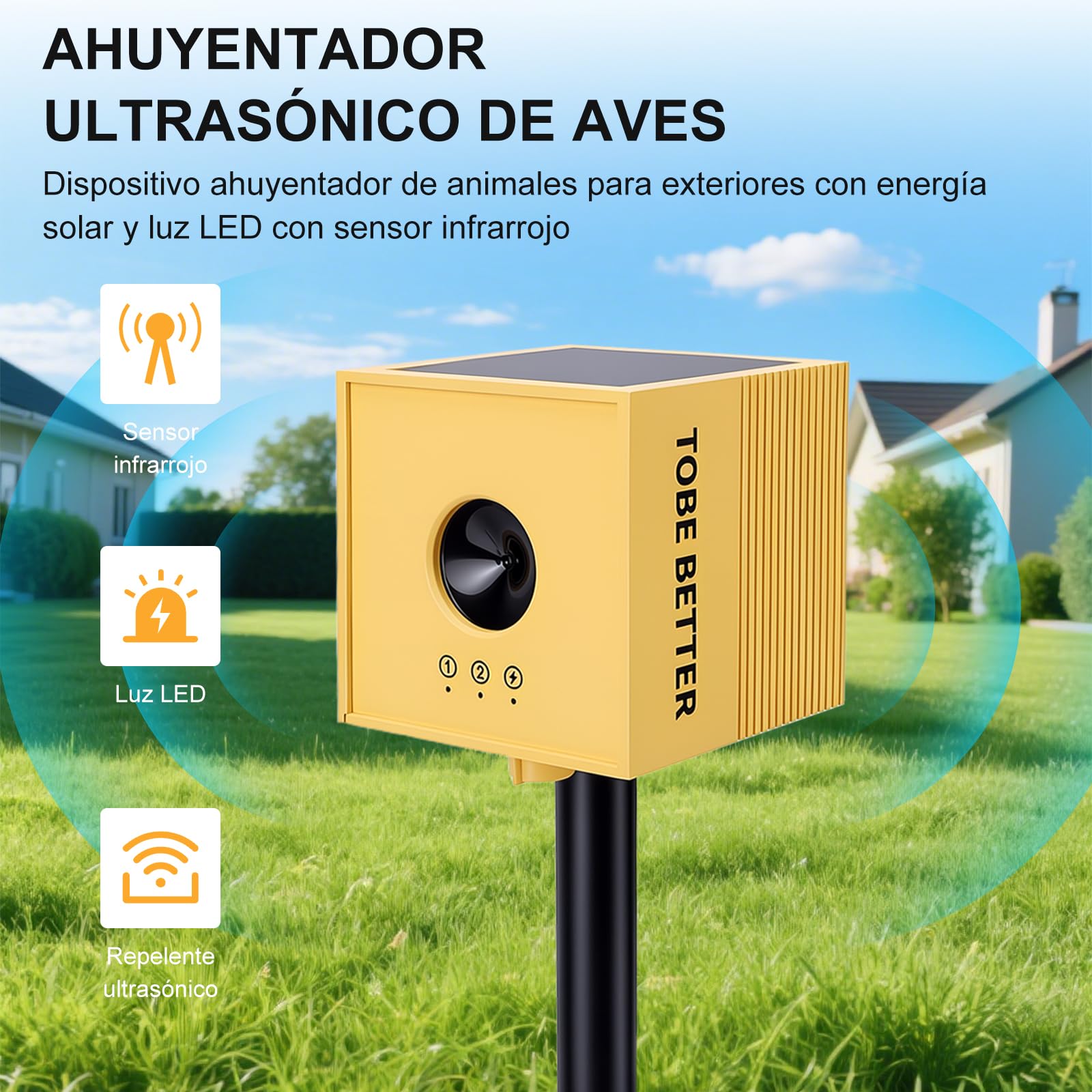 Dissuasore per uccelli e gatti a ultrasuoni solare, sensore di movimento a infrarossi e luce LED, batteria ricaricabile da 1200 mAh, resistente alle intemperie, per giardino, cortile e
