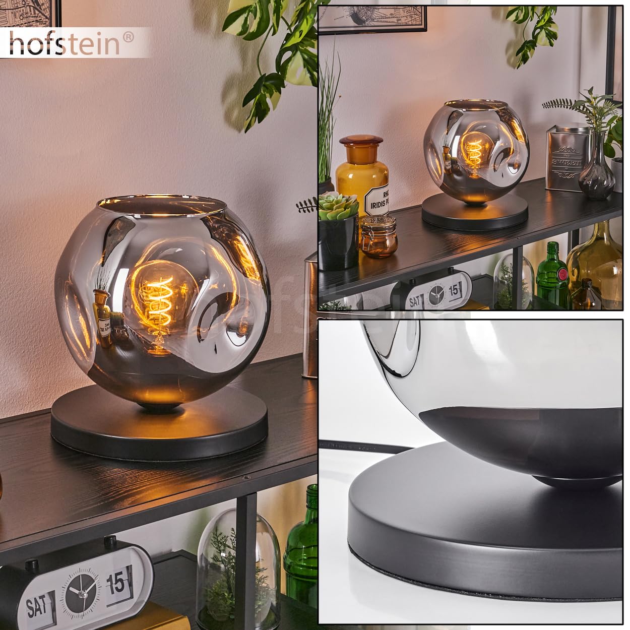 Tischleuchte Ripoll, Tischlampe aus Metall/Glas in Schwarz/Chromfarben, Leuchte im modernen Retro/Vintage-Design mit Schirm aus Glas (Ø 25 cm) u. An/-Auschalter am Kabel, 1 x E27, ohne Leuchtmittel