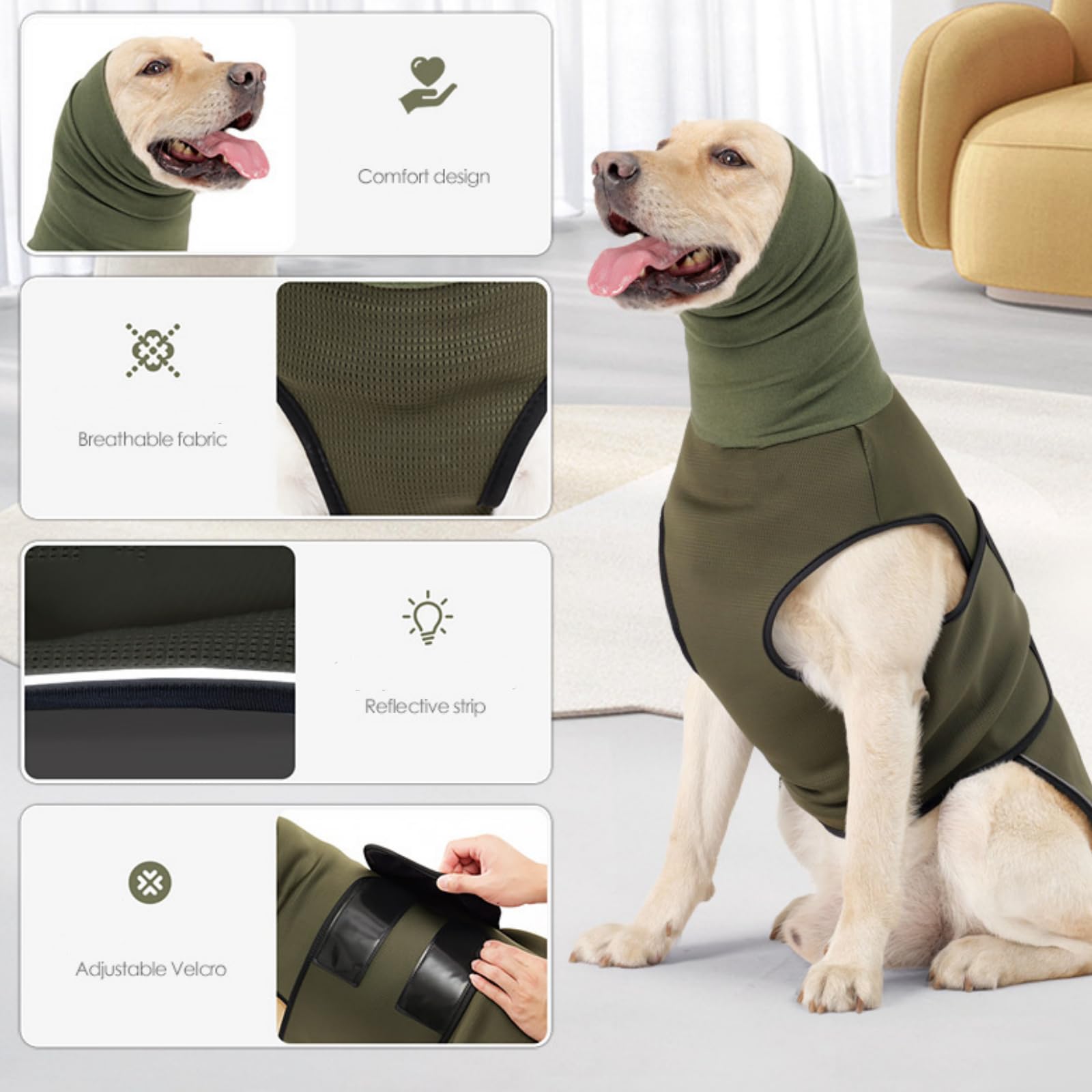 Yanmucy Cappotto calmante per cani con snood per cani 2 in 1, per alleviare l'ansia, regolabile, con cappuccio e paraorecchie per alleviare i nervi del cane, per fuochi d'artificio per ansia