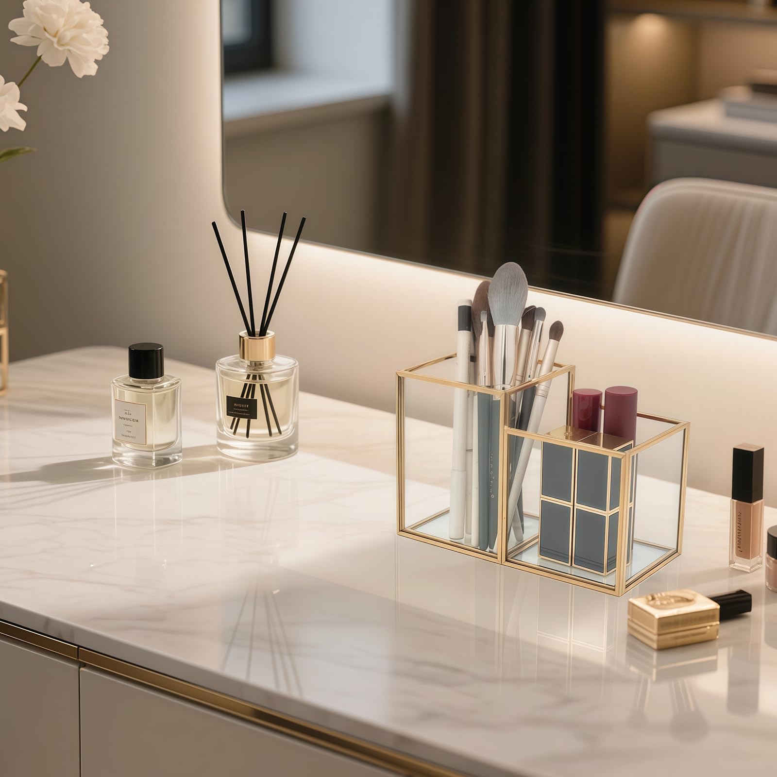 HARLIANGXY Porta Pennelli Make Up in Vetro Trasparente, Porta Pennelli da Trucco, Organizzatore per Cosmetici Oro, Organizer Pennelli Trucco, per pennelli, Eyeliner, Matite e Mascara
