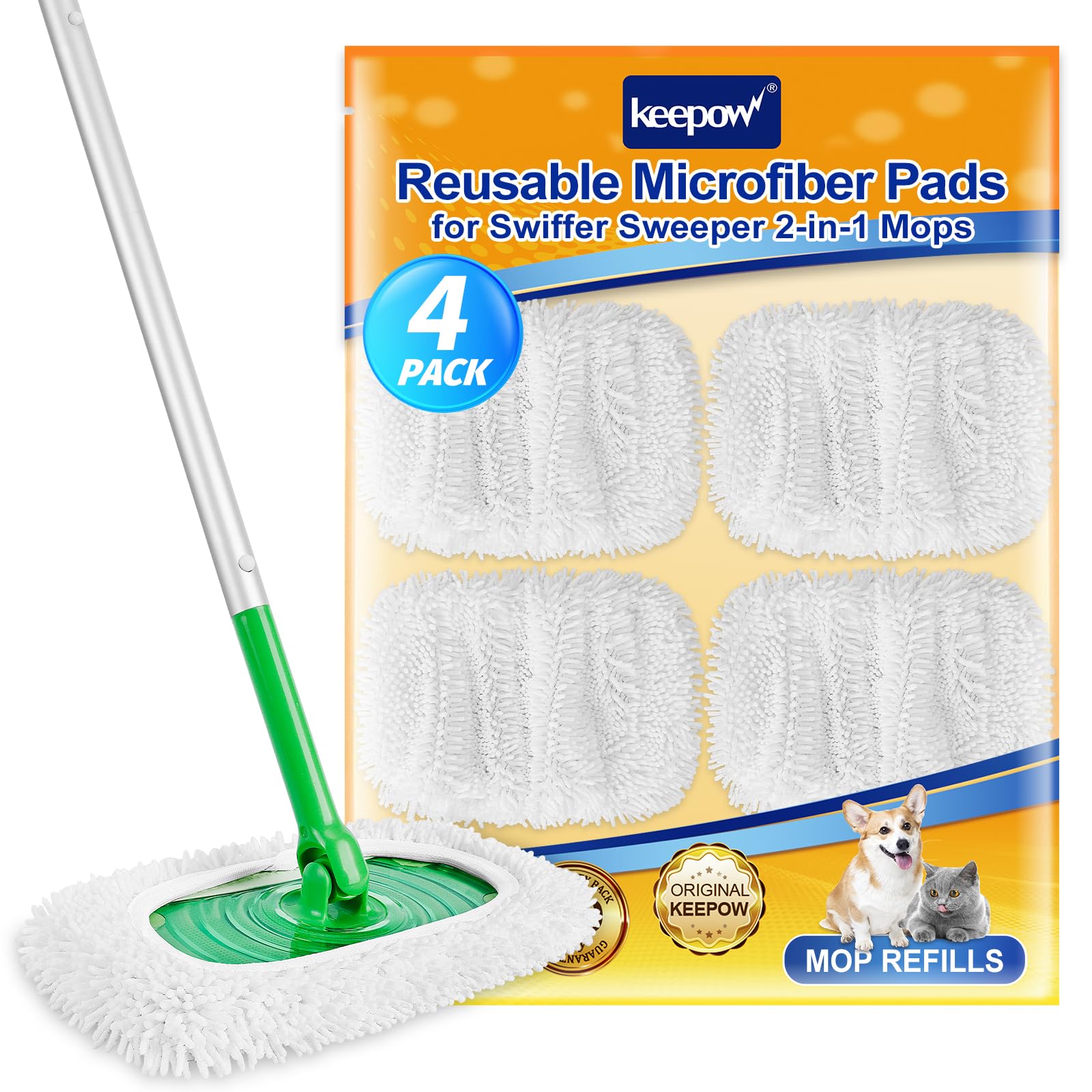KEEPOW Reusable Microfiber Mop Pads Compatible with Swiffer Sweeper, Dry Sweeping Cloths, Washable Wet Mopping Cloth Refills for Hardwood Floor