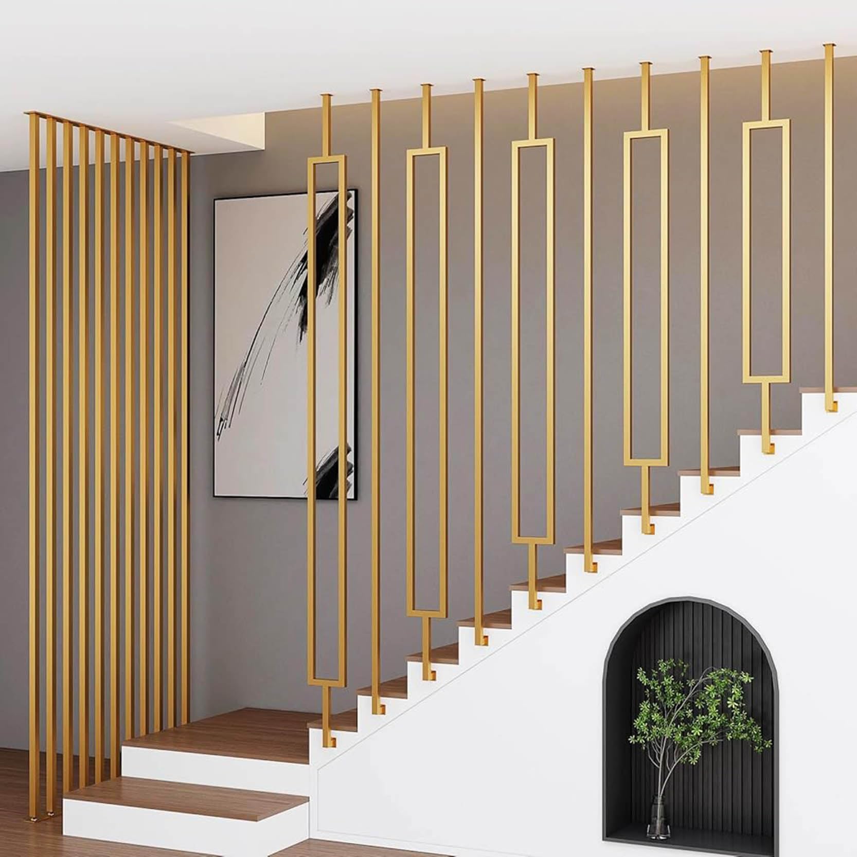 Gouzibhd Gold Metal Spindles Deck Balusters,Modern Industrial Square Tube Design Handrail, Wrought Iron Safety Stair Railing, For Attic Porch Safety Hand Rail 1Pcs(Size:90cm)