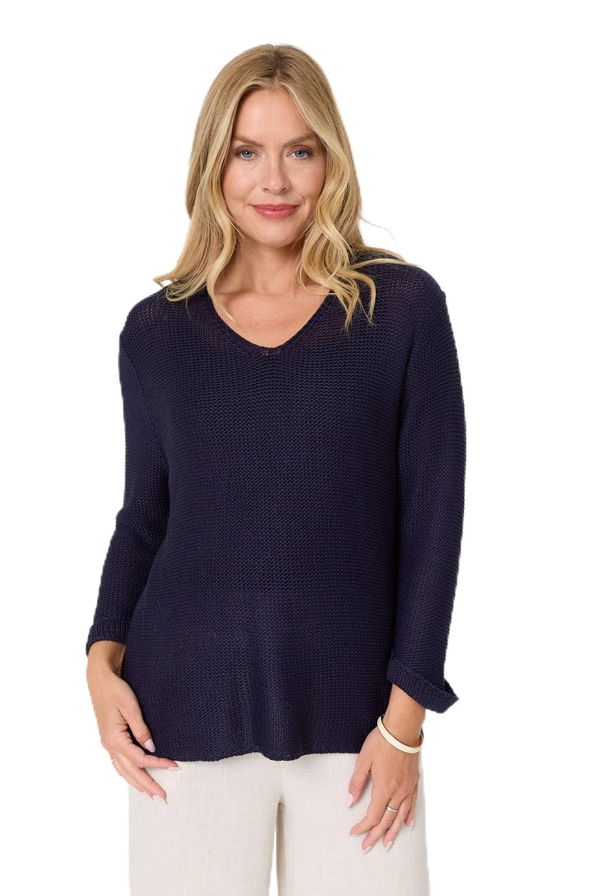 Izabel London Women's Navy Mesh Texture 3/4 Sleeve Relaxed Top In | Size: 12-14