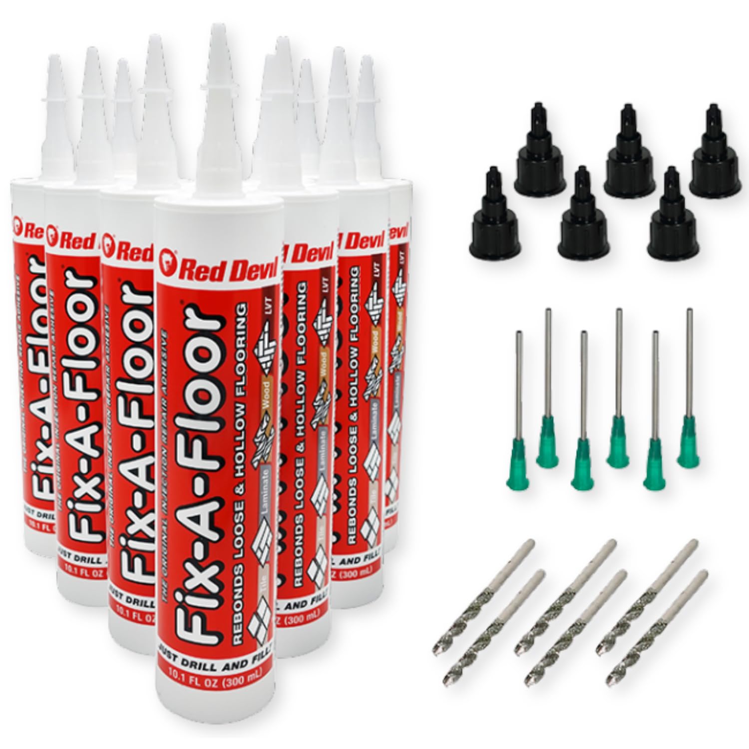 The Original Fix-A-Floor Loose Tile Repair Adhesive PRO Pack! Includes 6 Micro Syringe Injectors and 6 Drill Bits for Tile, Porcelain, Ceramic, Marble, Stone, Wood Floor. Pack of 12