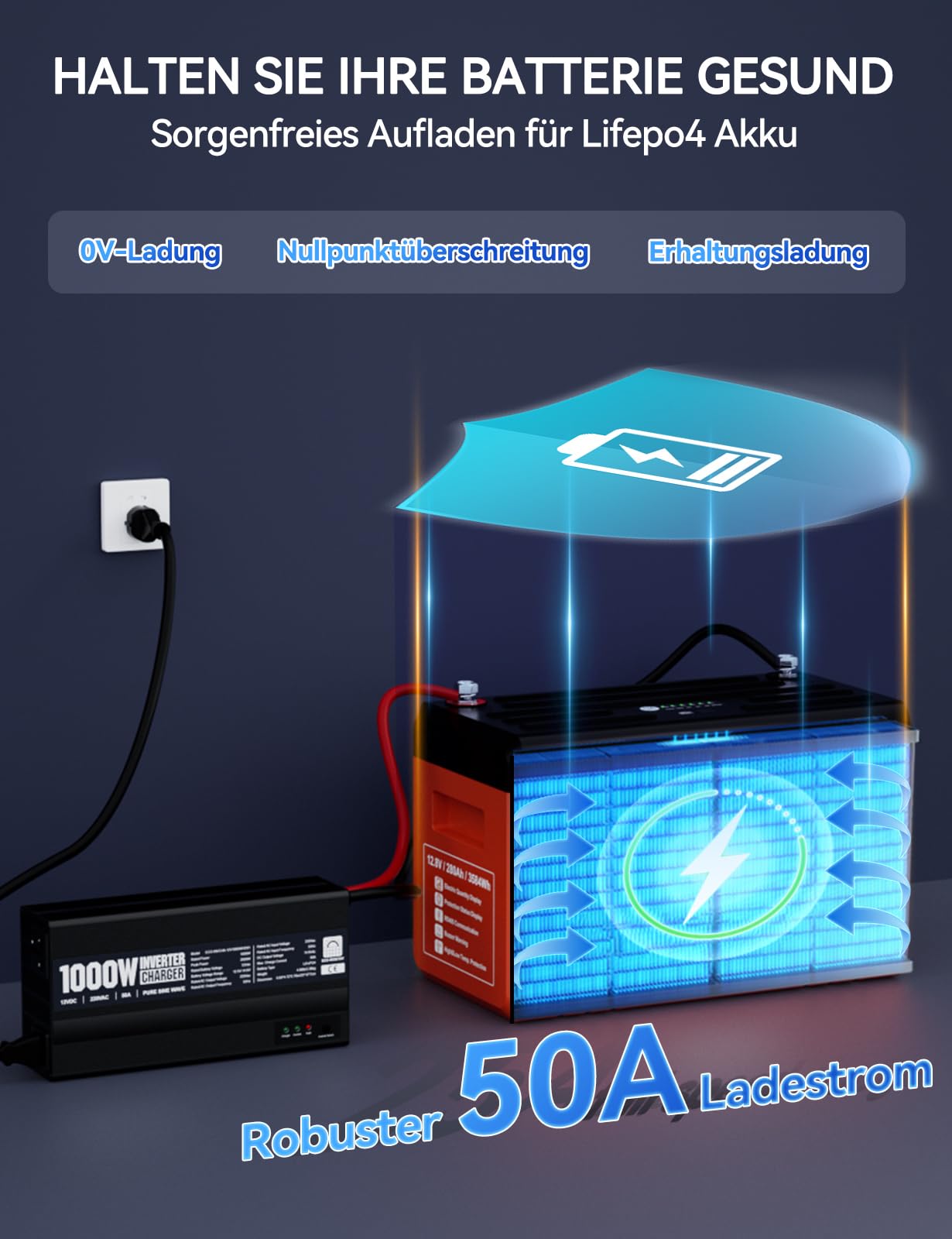 ECO-WORTHY 14,6V 50A Chargeur LiFePO4 avec convertisseur 1000W 12V à 230V, priorité au Secteur et Fonction UPS, pour Batterie LiFePO4 Deep Cycle, véhicule, Camion, Voiture