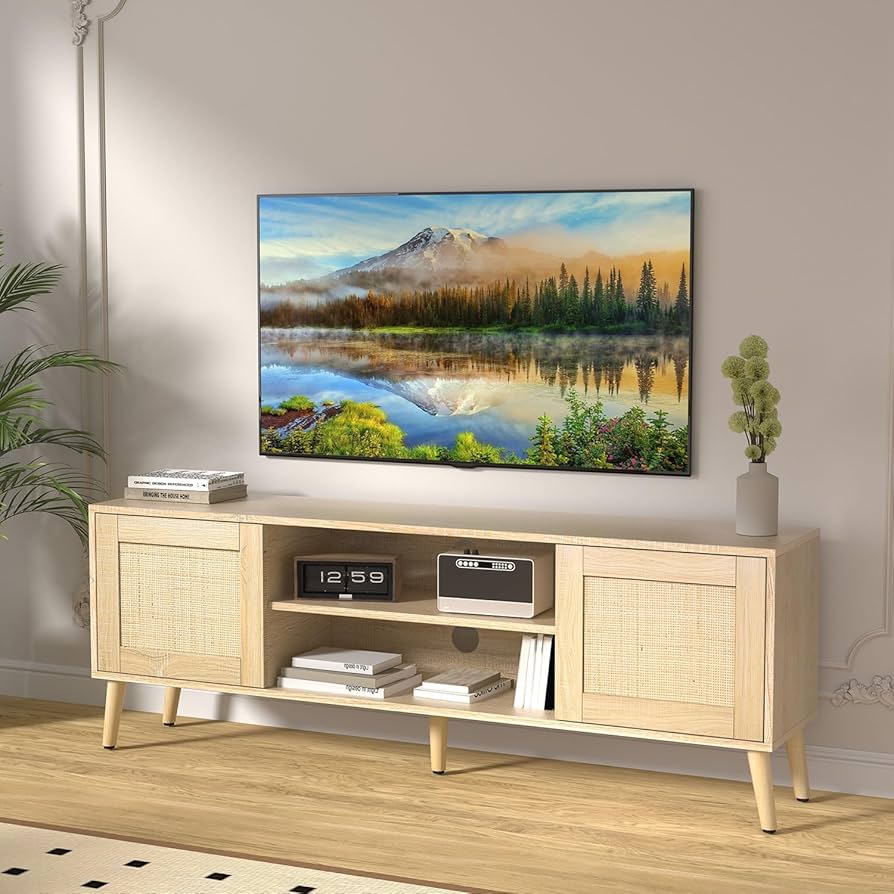 Boho TV Stand for 65 Inch TV,Entertainment Center with Adjustable Shelf,Rattan Console with 2 Cabinets,Media Console, 5 Solid Wood Feet, 2 Cord Holes, for Living Room - Light Wood Grain