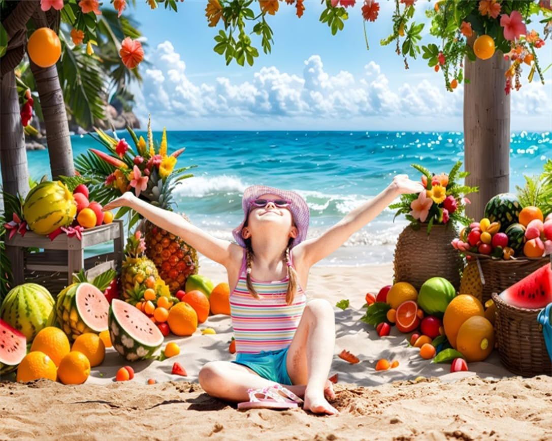 12x8ft Tropical Beach Backdrop for Photography Fresh Fruits Flower Hawaiian Photo Backdrops Baby Shower Birthday Summer Background Beach Themed Party Decorations Studio Photo Booth Props