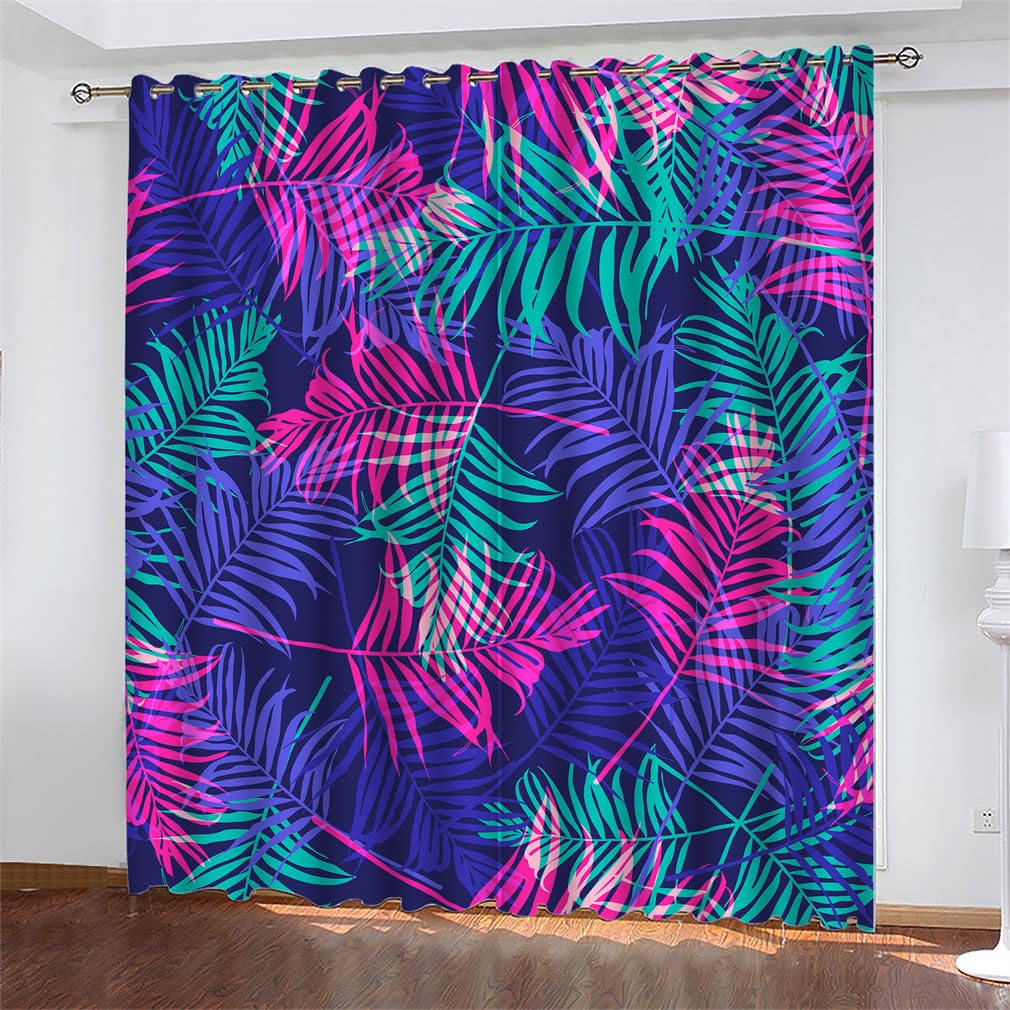 Tomifine Palm Leaves Tree Curtains Thermal Insulated Window Drapes Jungle Plant Green Print Pattern Blackout Curtains 2 Panels for Bedroom Living Room (55" W x 110" L(140 x 279 cm) x 2,Purple Blue)