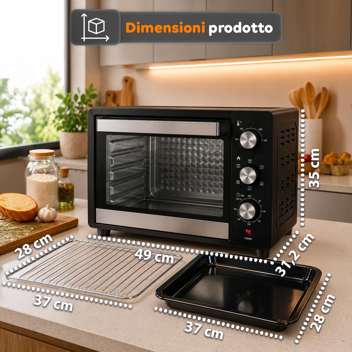 WINTEM Forno Elettrico da Banco 45 Litri Multifunzione Ventilato — Fornetto Elettrico con Timer, Doppio Vetro, Grill e Teglia in Acciaio Inox, 1800W