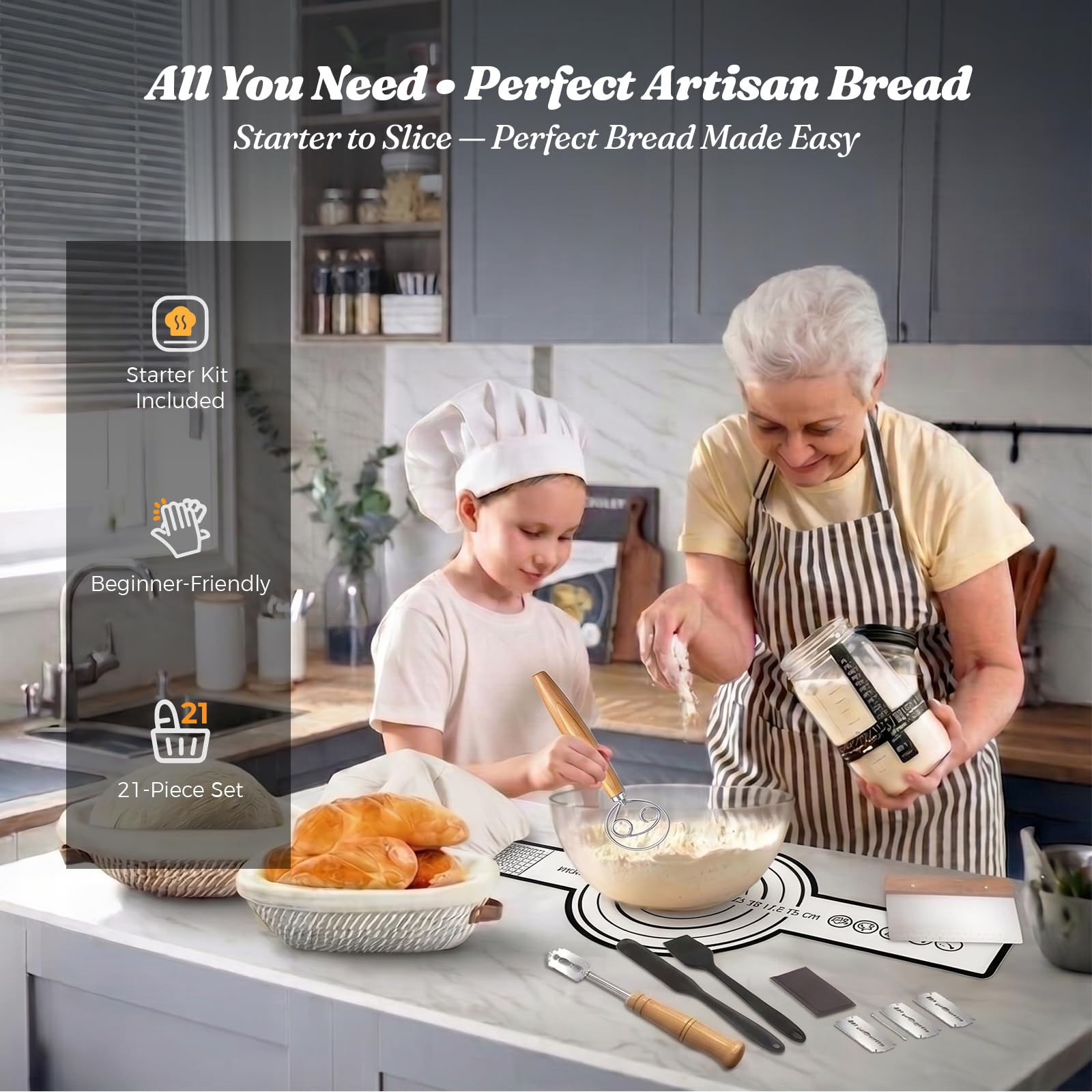 21 Pièces Kit Pain au Levain avec 25cm Ovale et 23cm Rond Corde en Coton Pliable Banneton, Kit Pain avec 650ml Bocal Levain,Sourdough Starter Kit pour Pâtissiers Débutants et Expérimentés