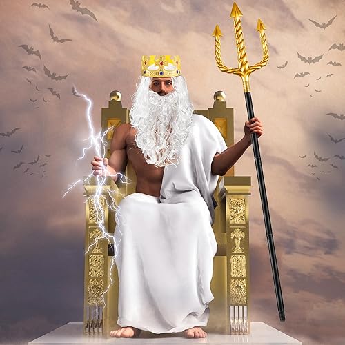 Miniatura 7 de Shappy Juego de 4 piezas de accesorio para disfraz de rey Neptuno, peluca blanca y barba, Tridente dorado, corona de rey dorado para disfraz de
