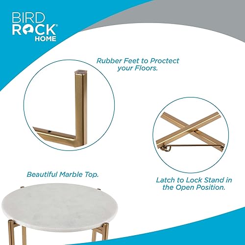 Miniatura 7 de BIRDROCK HOME Mesa auxiliar plegable con parte superior de mármol, mesita de noche plegable de metal, solo para uso en interiores, bandeja para
