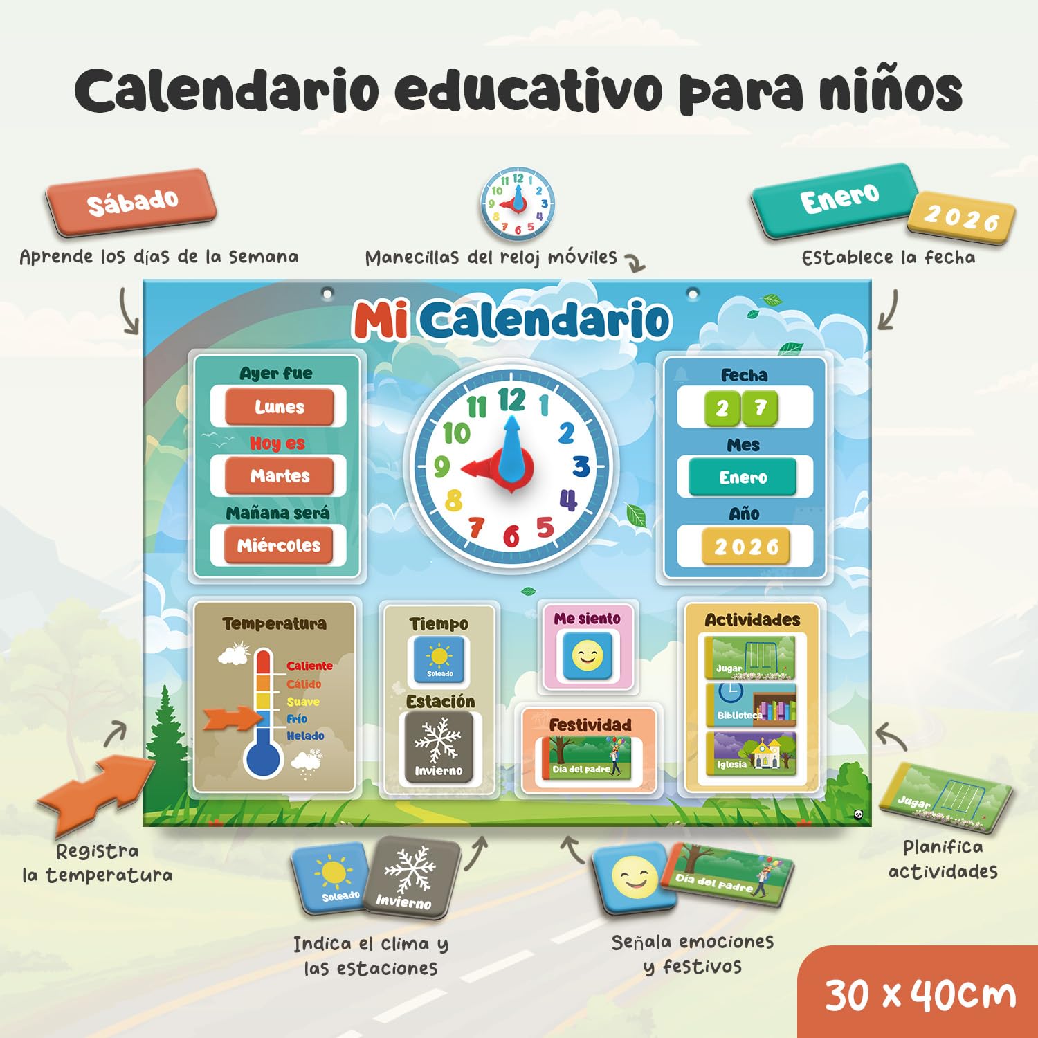 Mi Primer Calendario de SmartPanda - Juguete Educativo Magnético para Niños o Niñas - Incluye Reloj, Estación Meteorológica, Actividades y Emociones – para Pared o Frigorífico – en Español