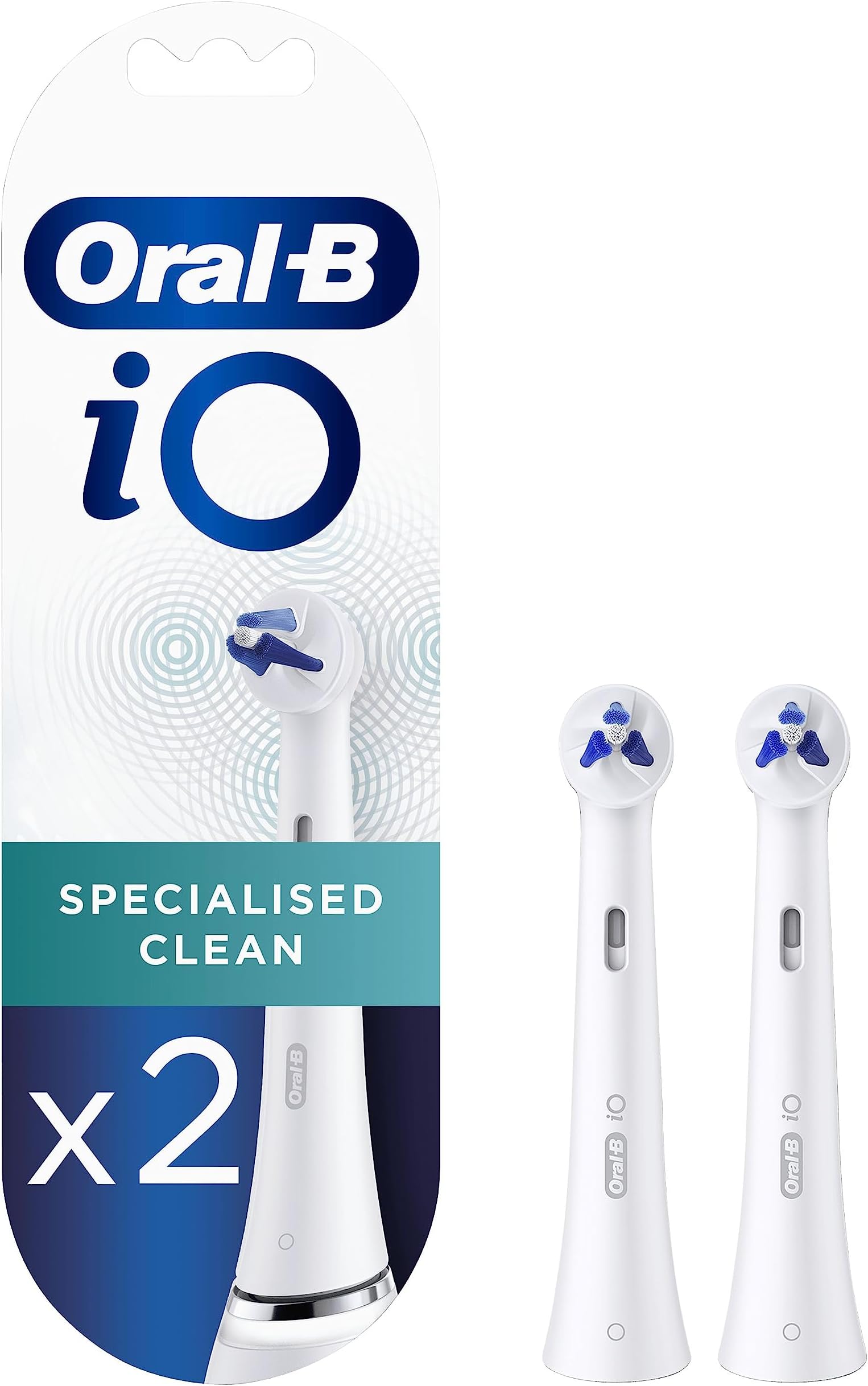 iO Specialised Clean Electric Toothbrush Head, Precisely Angled Tufts for Deeper Plaque Removal for Hard to Reach Areas, Pack of 2 Toothbrush Heads, White
